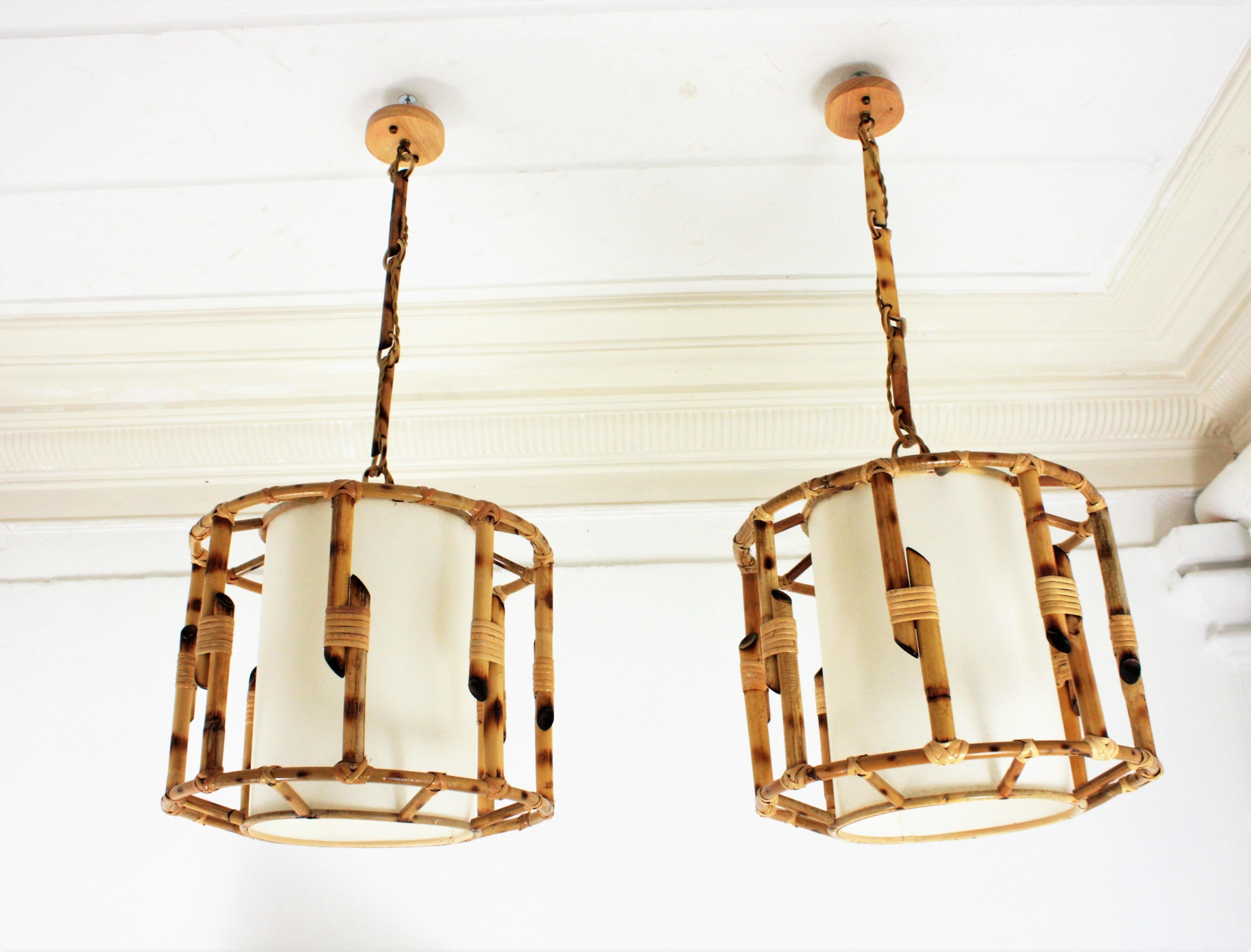 Pair of Bamboo Rattan Large Drum Pendant Lights / Lanterns For Sale 7