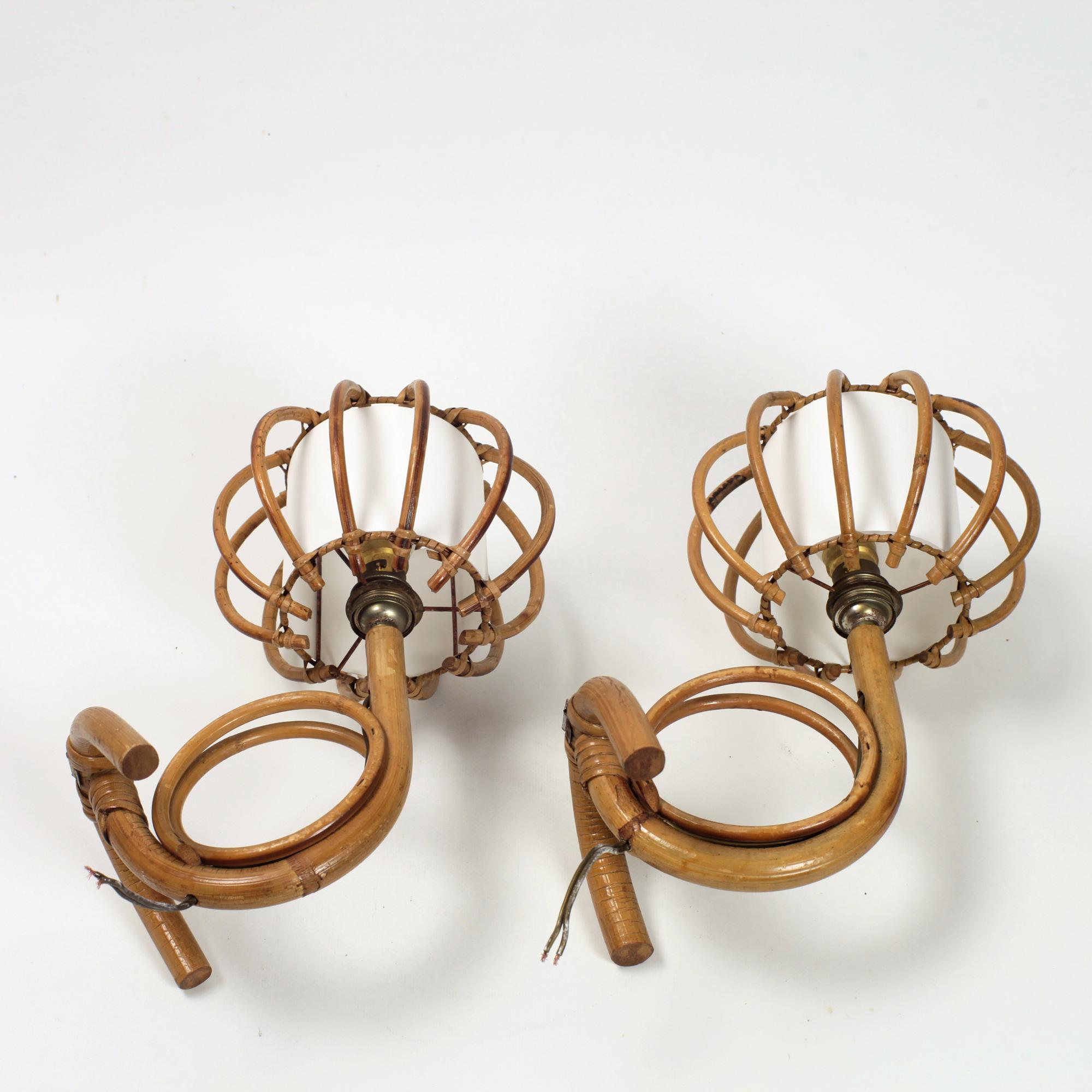 Pair of Bamboo Rattan Louis Sognot Wall Light France 1960 For Sale 4