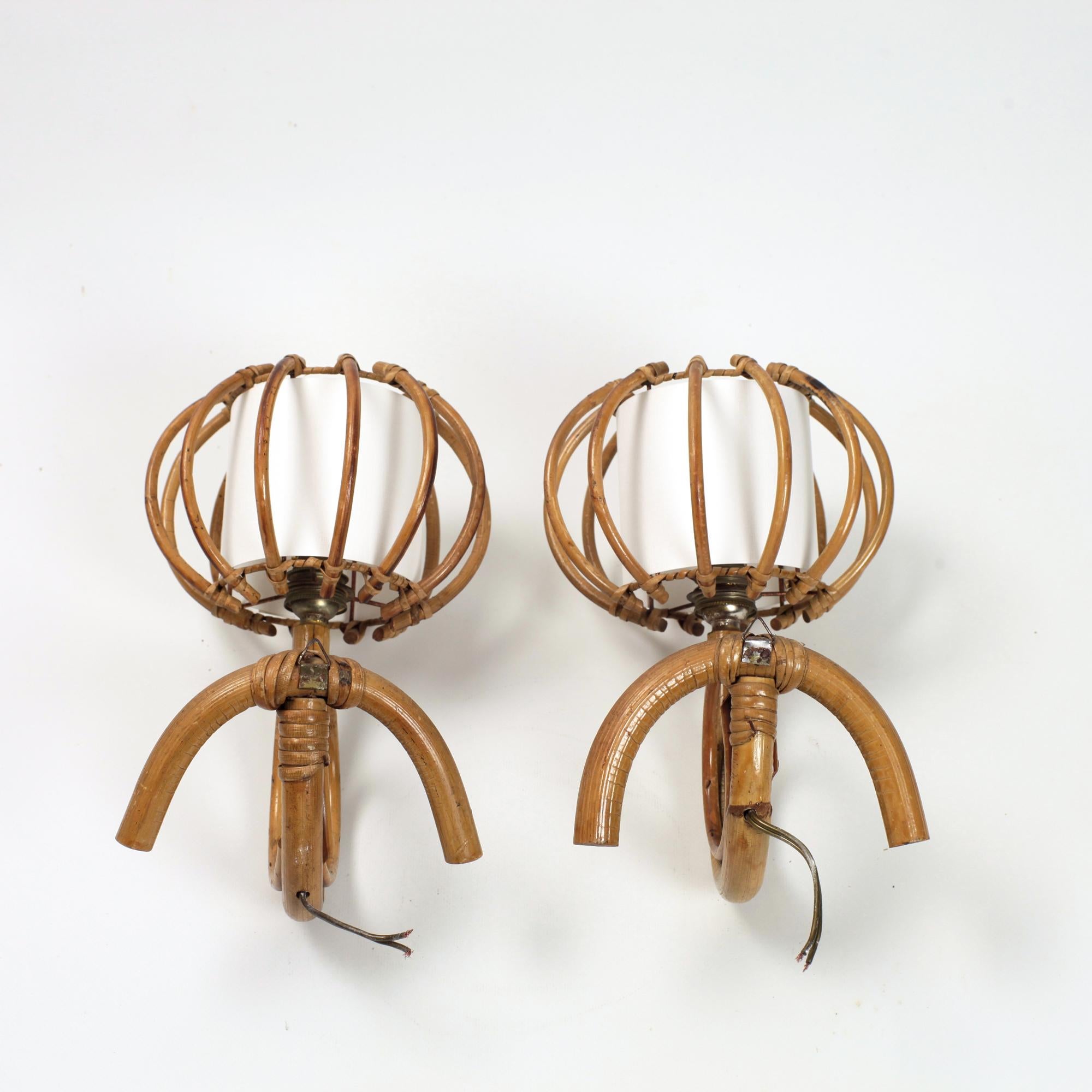 Pair of Bamboo Rattan Louis Sognot Wall Light France 1960 For Sale 5