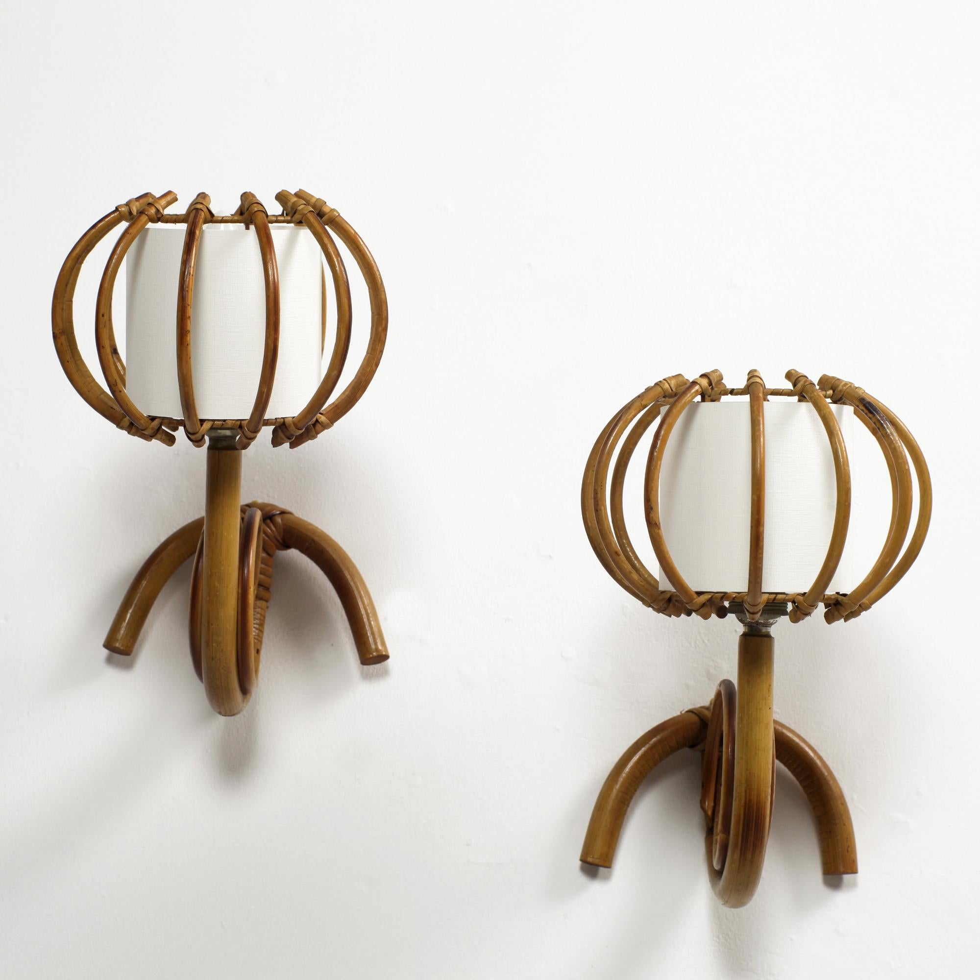 Pair of Bamboo Rattan Louis Sognot Wall Light France 1960 For Sale 8
