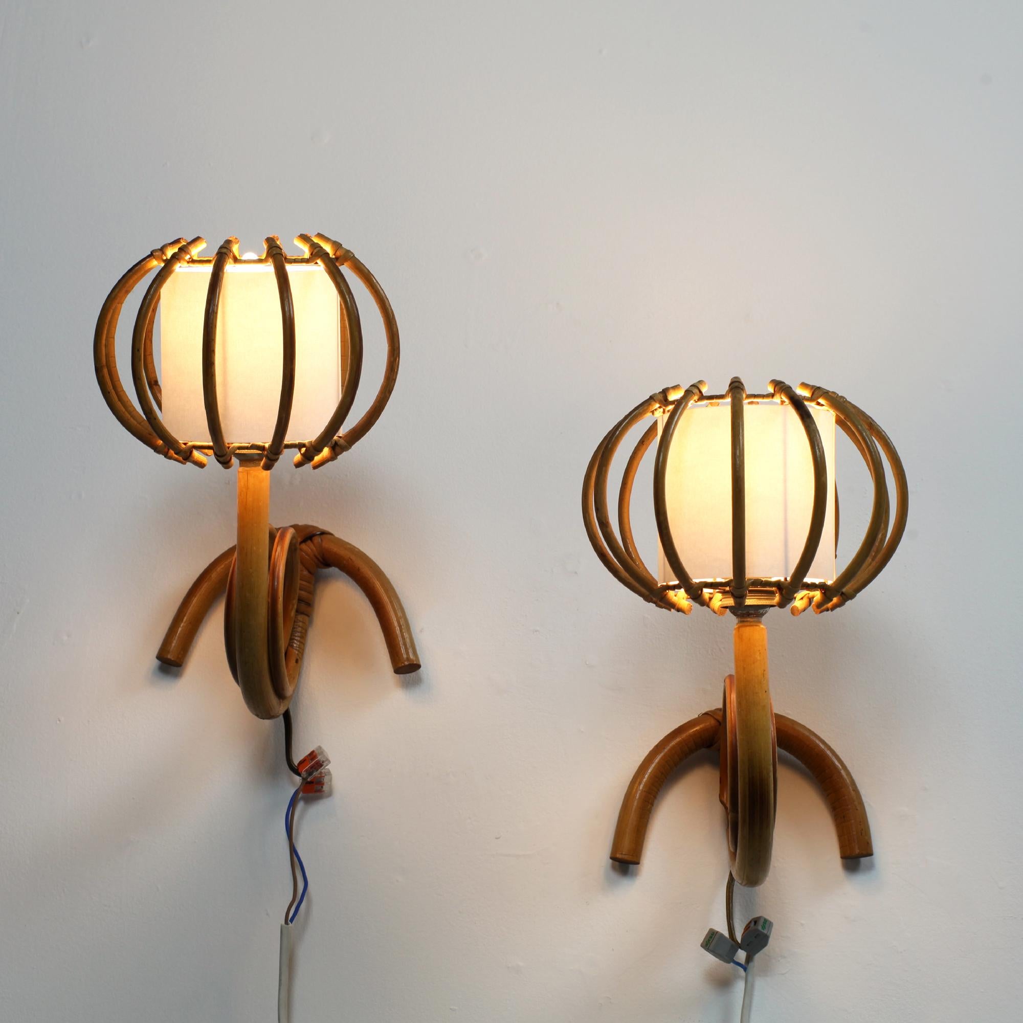 French Pair of Bamboo Rattan Louis Sognot Wall Light France 1960 For Sale
