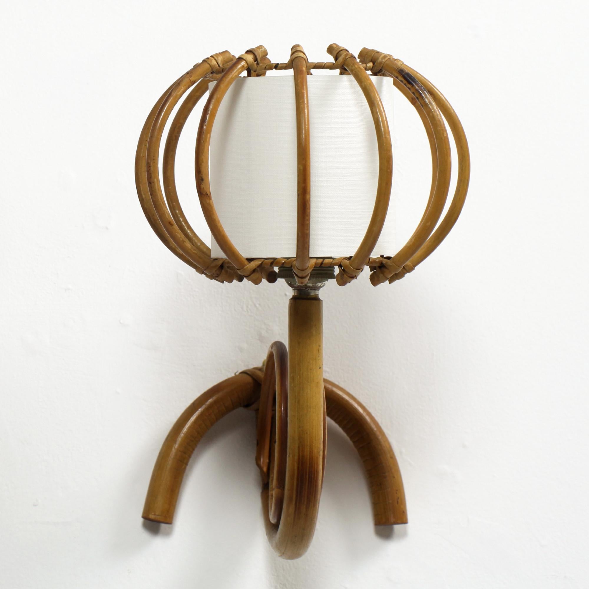 Paper Pair of Bamboo Rattan Louis Sognot Wall Light France 1960 For Sale