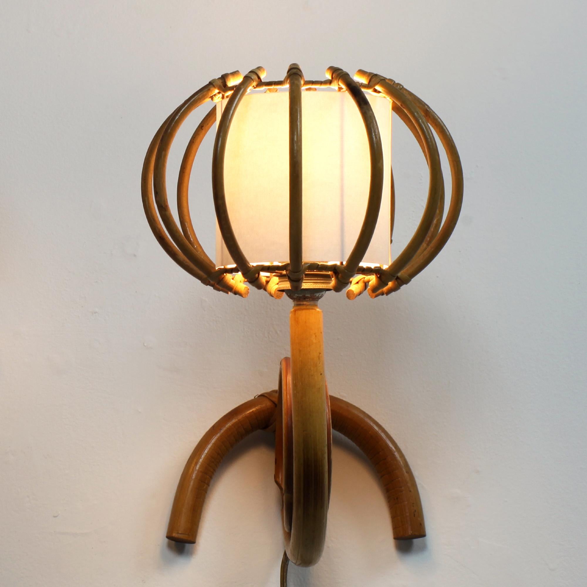 Pair of Bamboo Rattan Louis Sognot Wall Light France 1960 For Sale 2