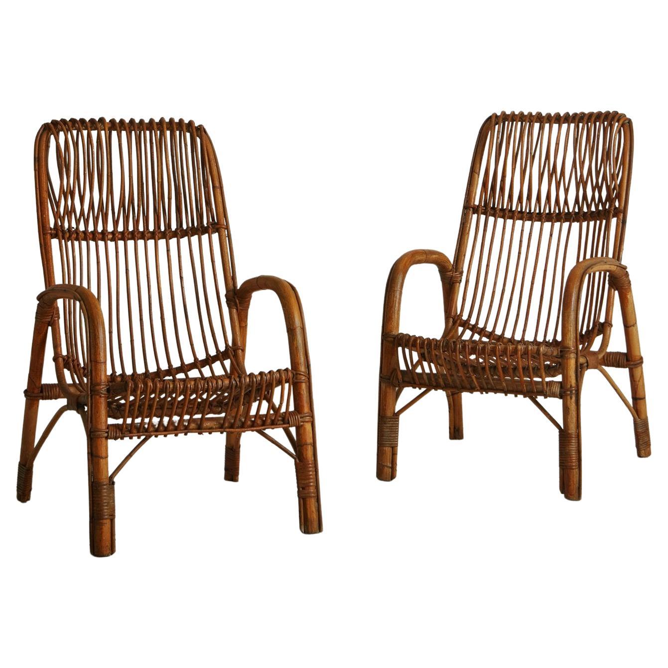 Pair of Bamboo + Rattan Lounge Chairs, Italy, 1960s