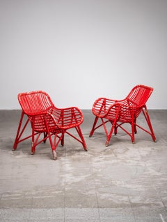 Pair of Bamboo & Rattan Lounge Chairs with Red Painted Finish, Finland, 1940s
