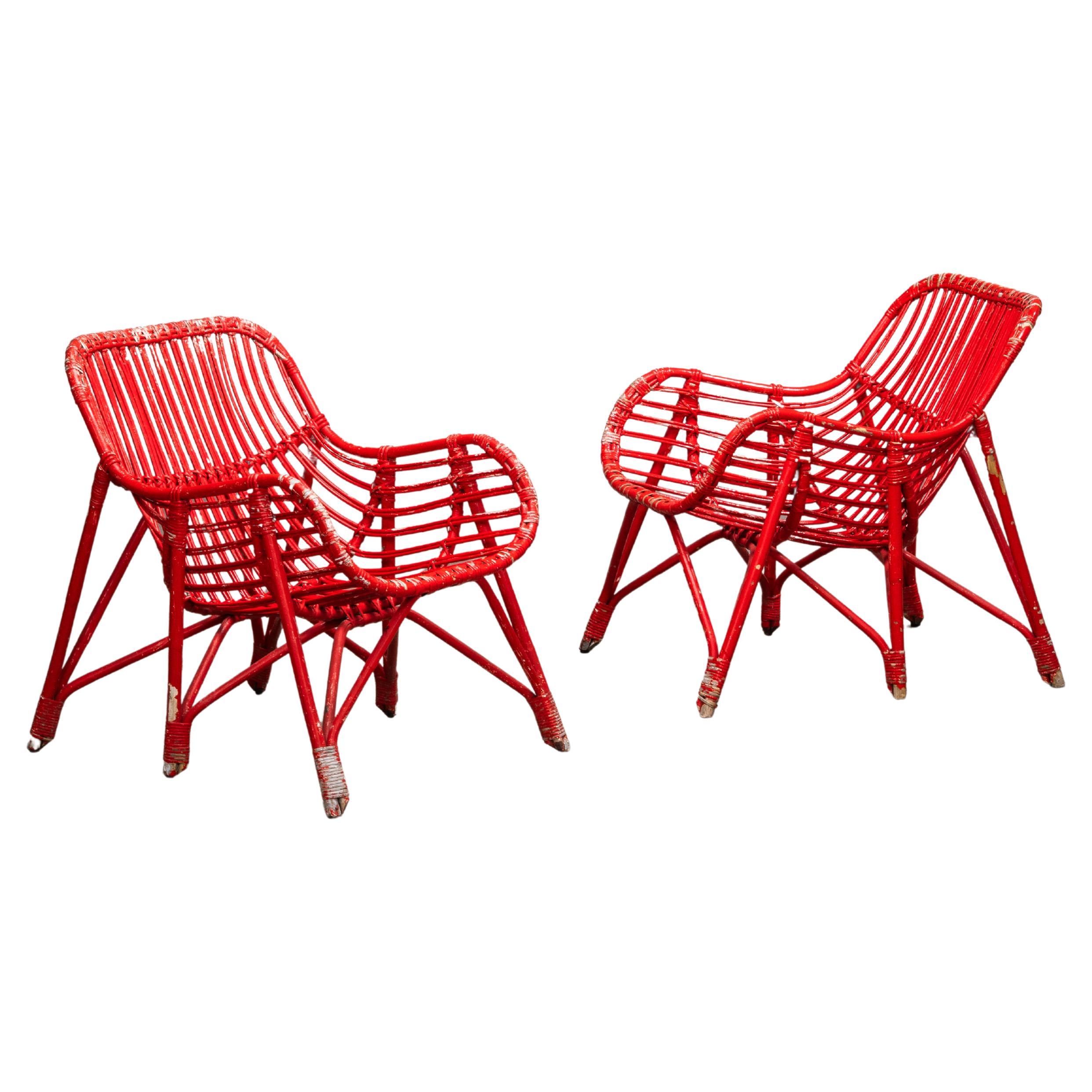 Pair of Bamboo & Rattan Lounge Chairs with Red Painted Finish, Finland, 1940s For Sale