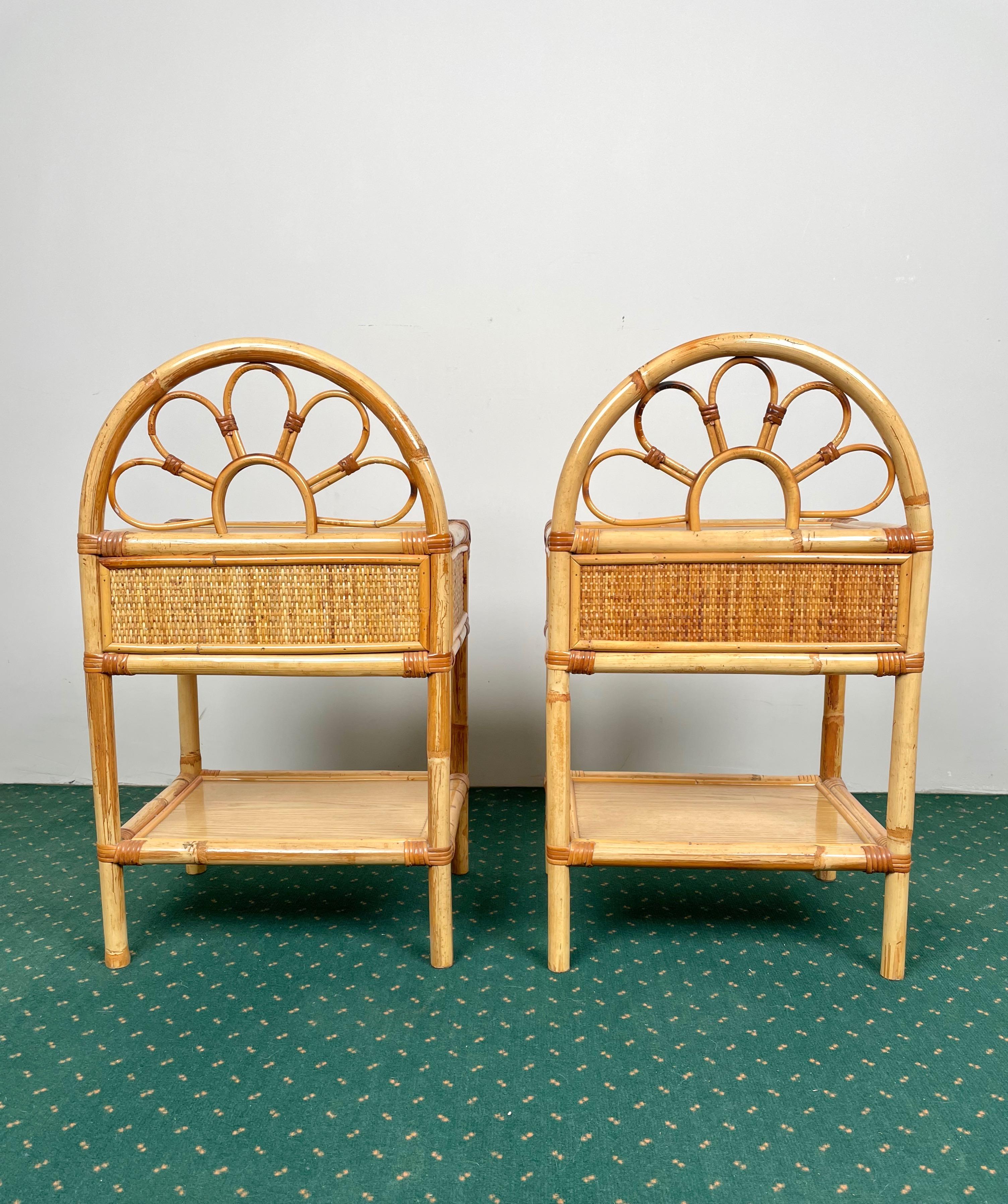 Pair of Bamboo & Rattan Nightstand Drawer Bed Side Tables, Italy, 1970s 1
