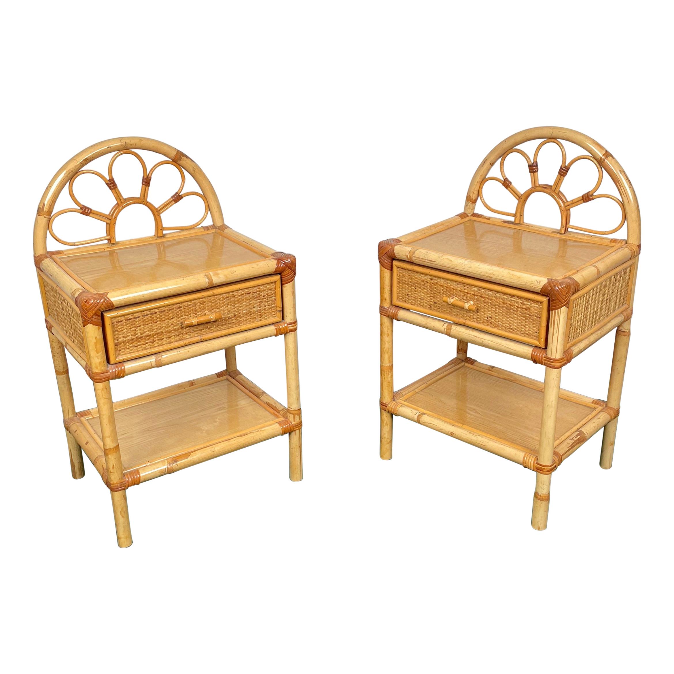 Pair of Bamboo & Rattan Nightstand Drawer Bed Side Tables, Italy, 1970s