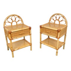 Vintage Pair of Bamboo & Rattan Nightstand Drawer Bed Side Tables, Italy, 1970s