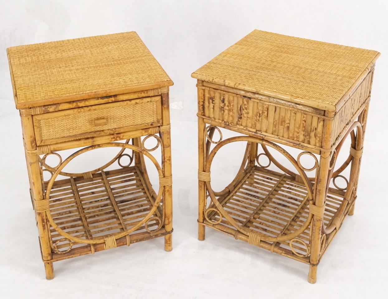 Pair of Bamboo Rattan One Drawer Cane Woven Top Side End Table Nightstands 5