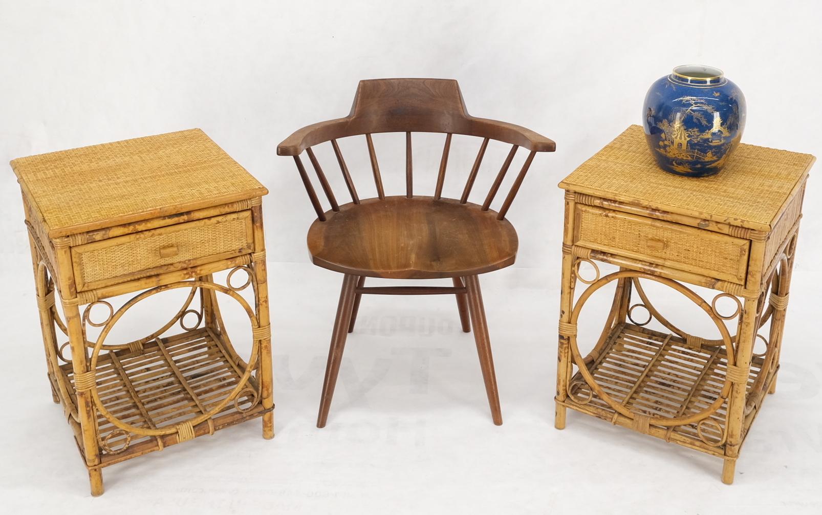 Pair of square bamboo rattan one drawer cane woven top side end table night stands.