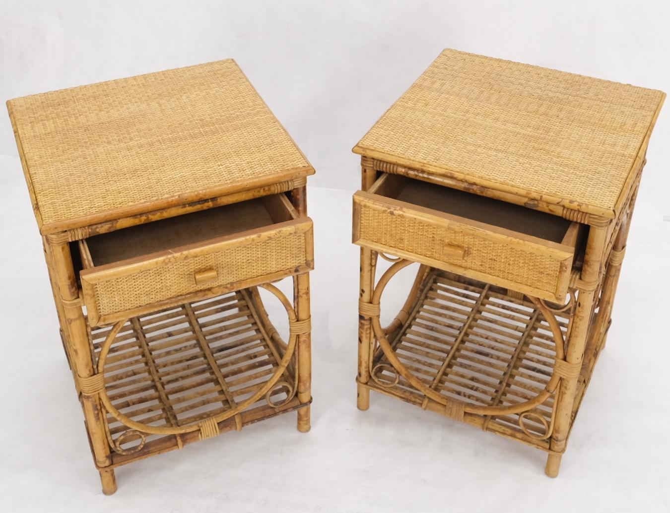 Mid-Century Modern Pair of Bamboo Rattan One Drawer Cane Woven Top Side End Table Nightstands