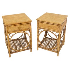 Vintage Pair of Bamboo Rattan One Drawer Cane Woven Top Side End Table Nightstands