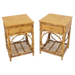 Pair of Bamboo Rattan One Drawer Cane Woven Top Side End Table Nightstands