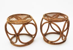 Paire de tabourets ronds ou de tables d'appoint en bambou et rotin, style Franco Albini