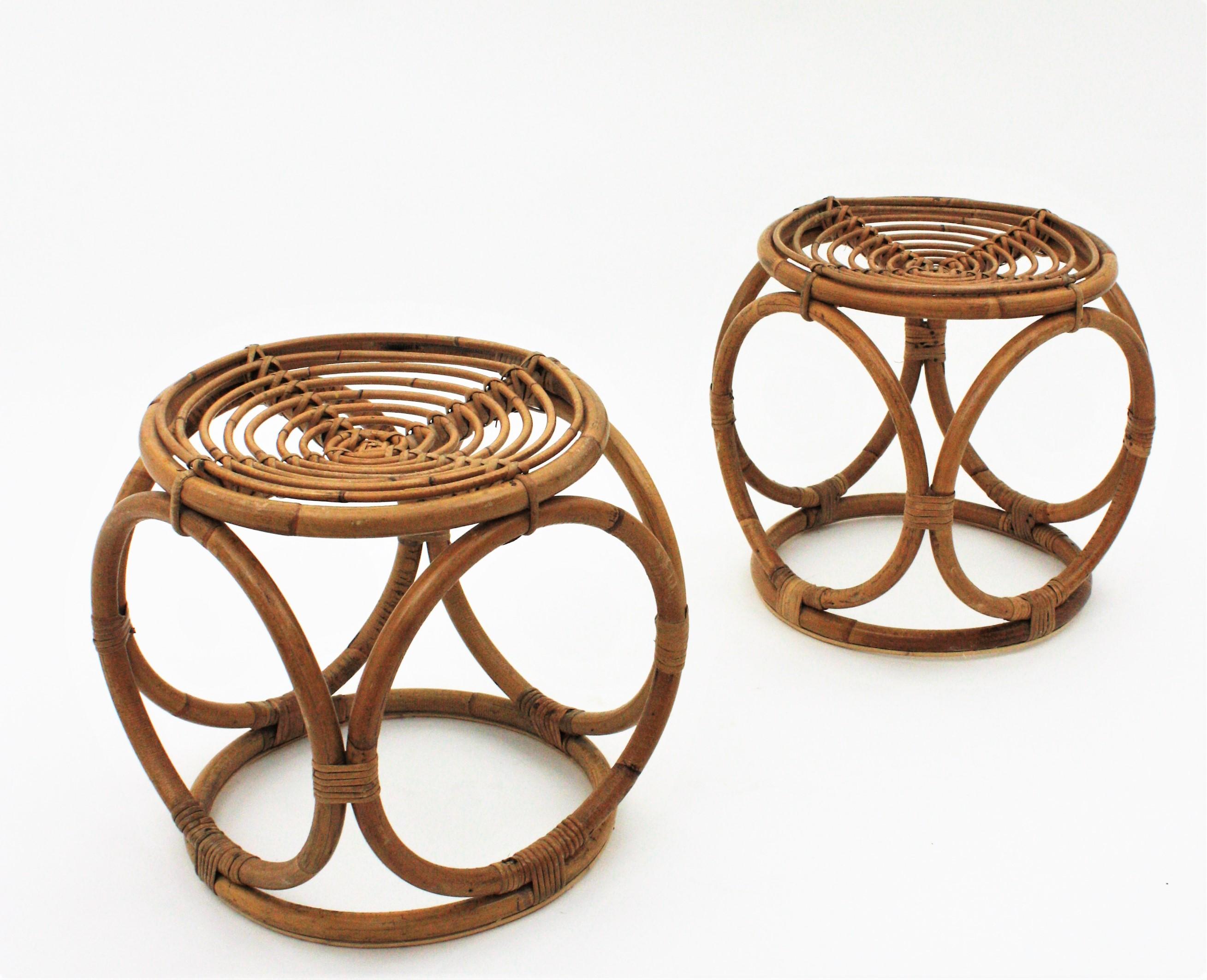 20th Century Pair of Bamboo Rattan Round Stools or Side Tables, Franco Albini Style For Sale