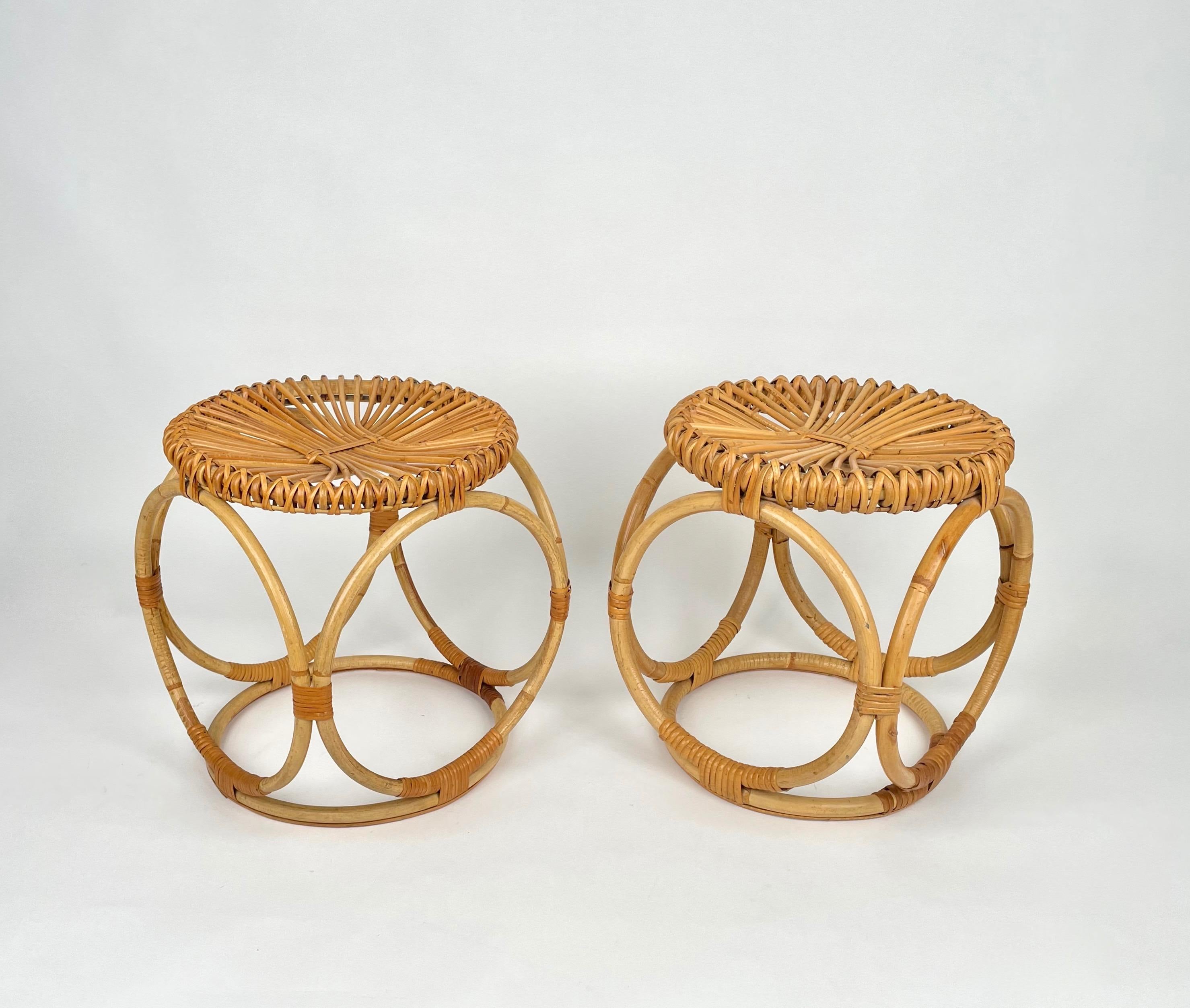 Mid-Century Modern Pair of Bamboo Rattan Round Stools or Side Tables, Italy 1970s