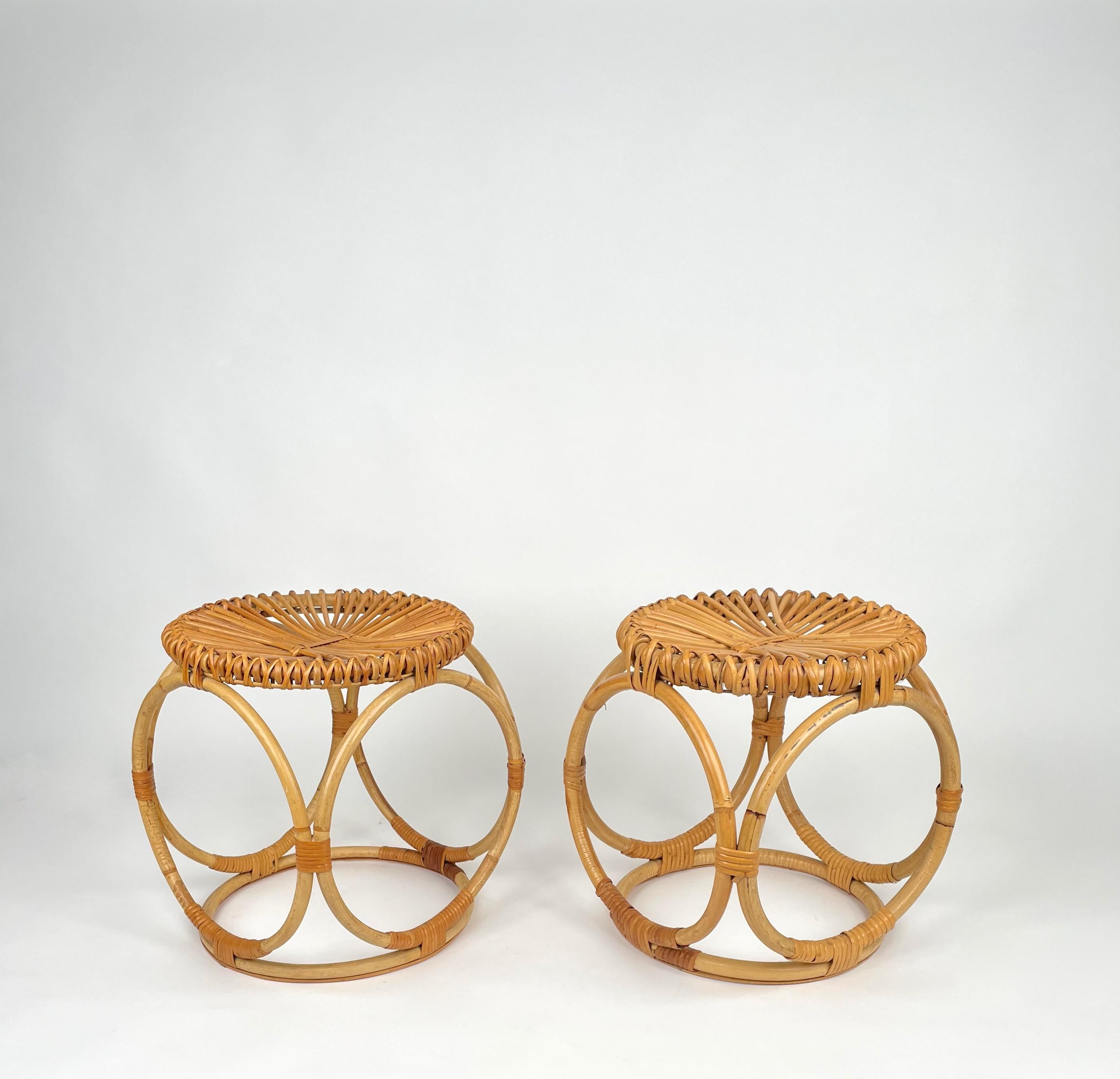 Italian Pair of Bamboo Rattan Round Stools or Side Tables, Italy 1970s