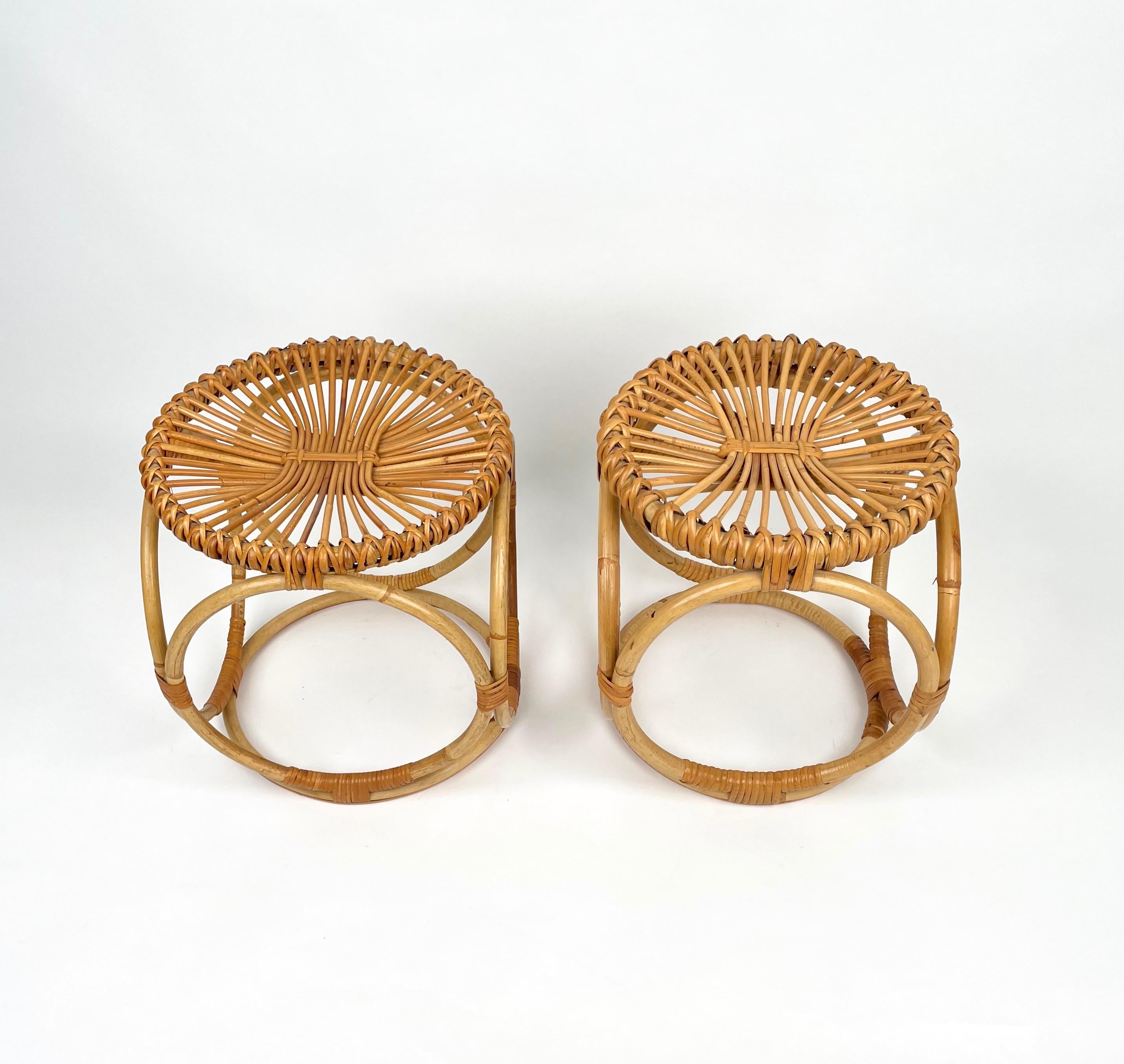 Late 20th Century Pair of Bamboo Rattan Round Stools or Side Tables, Italy 1970s