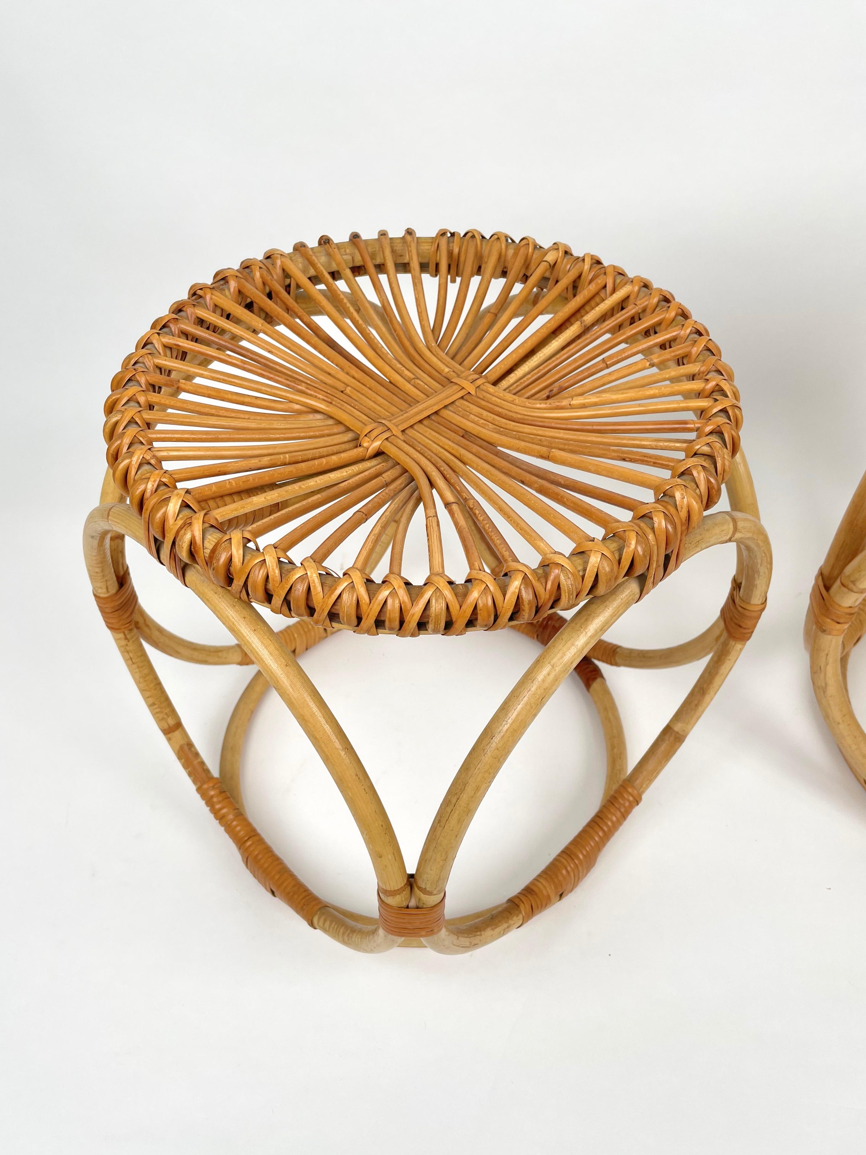 Pair of Bamboo Rattan Round Stools or Side Tables, Italy 1970s 1