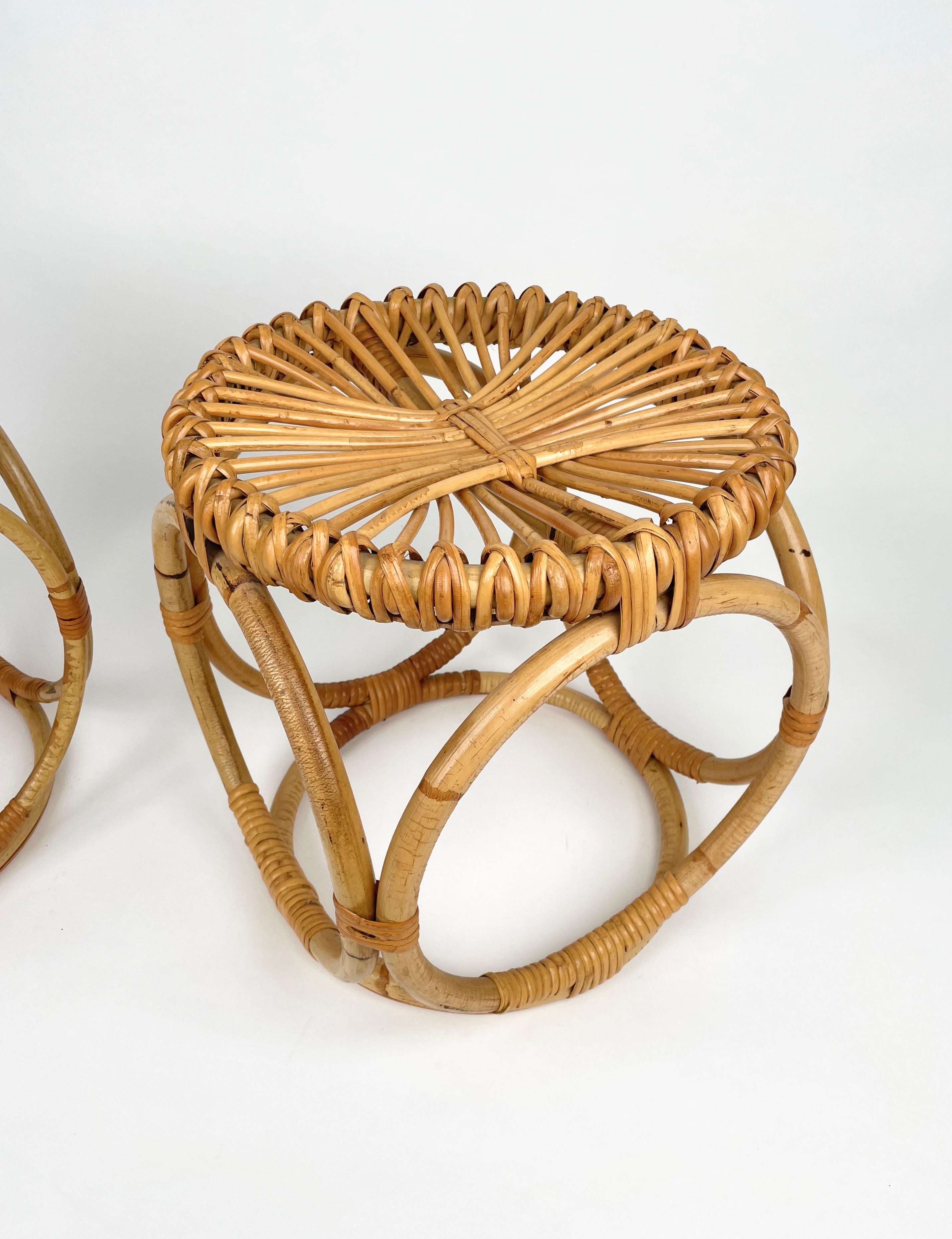 Pair of Bamboo Rattan Round Stools or Side Tables, Italy 1970s 2