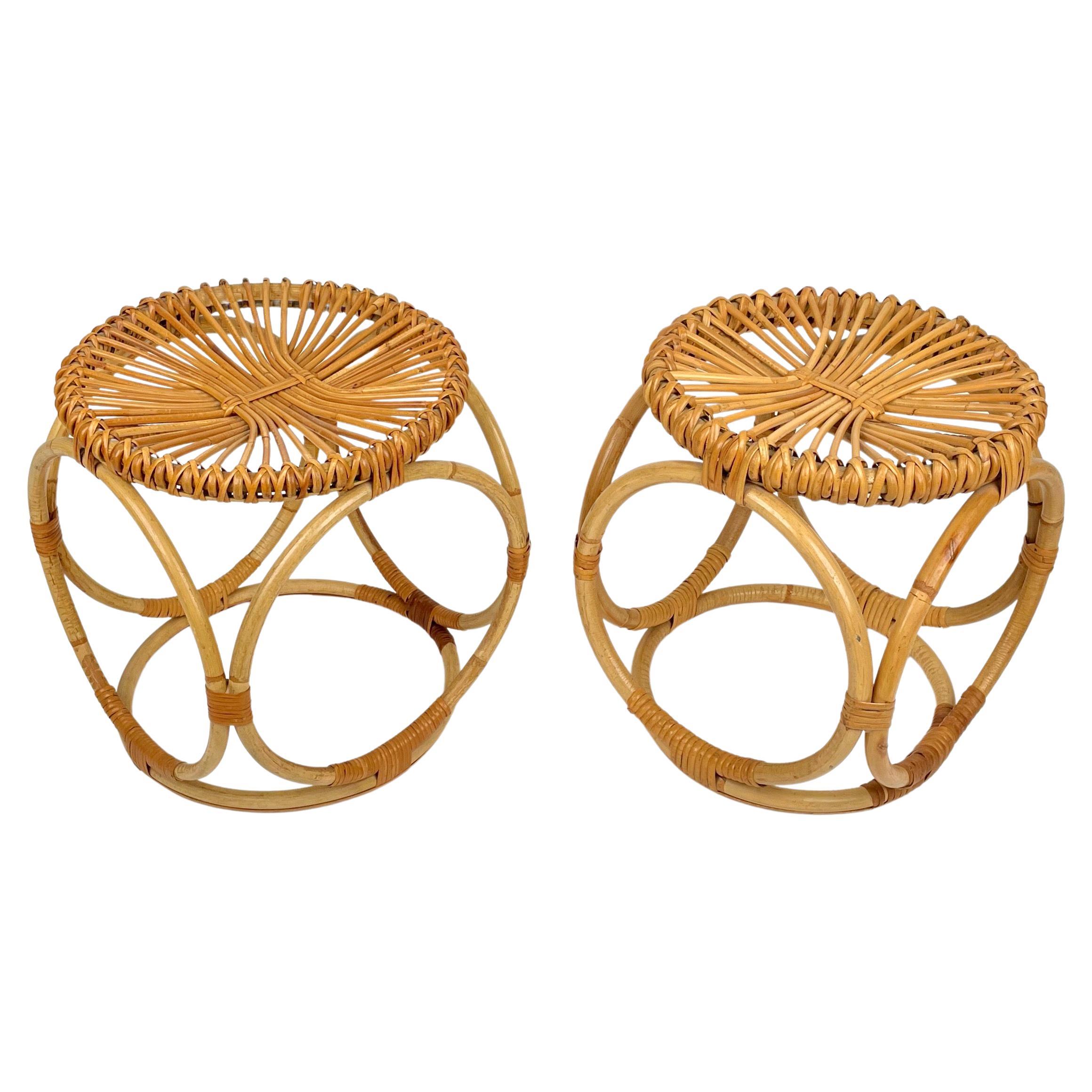 Pair of Bamboo Rattan Round Stools or Side Tables, Italy 1970s