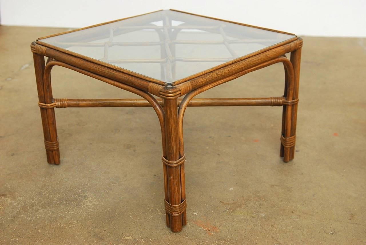 Hand-Crafted Pair of Bamboo Rattan Side Tables by Brown Jordan