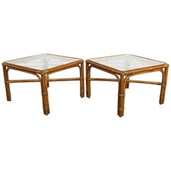 Vintage Pair of Bamboo Rattan Side Tables by Brown Jordan