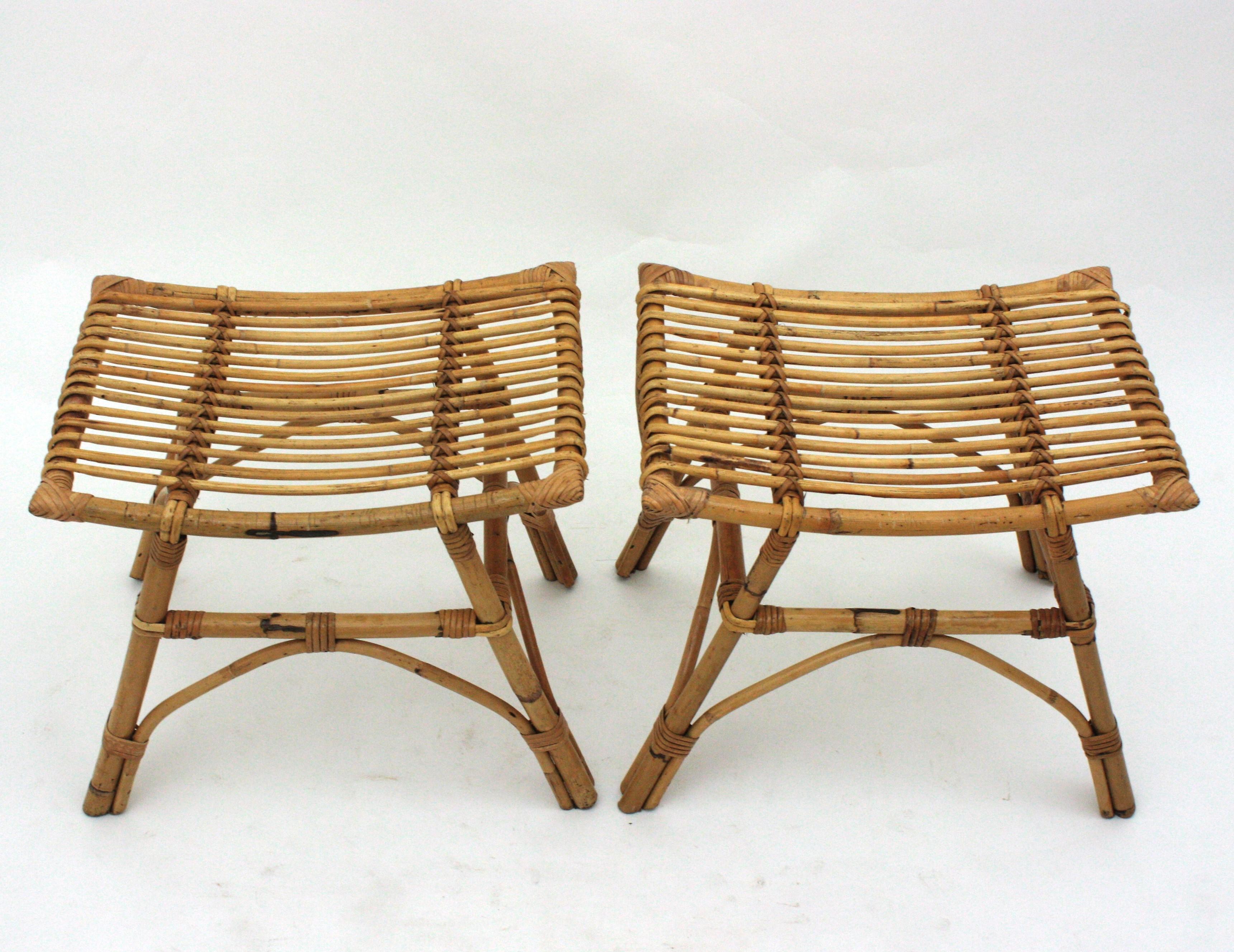 Pair of Bamboo Rattan Stools or Side Tables, 1960s For Sale 3