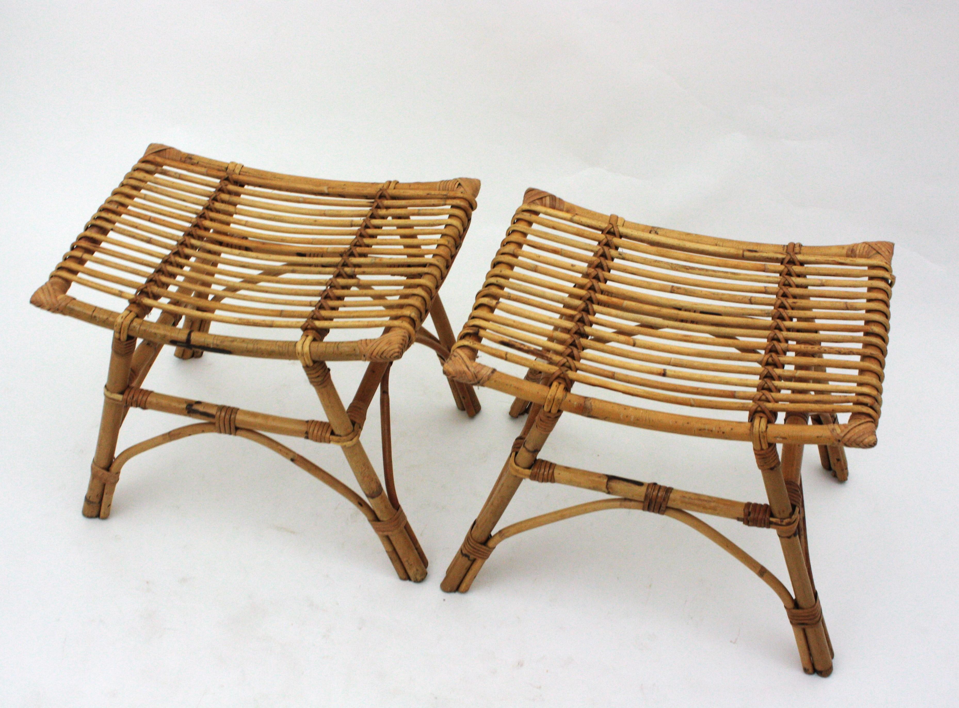 Pair of Bamboo Rattan Stools or Side Tables, 1960s For Sale 4