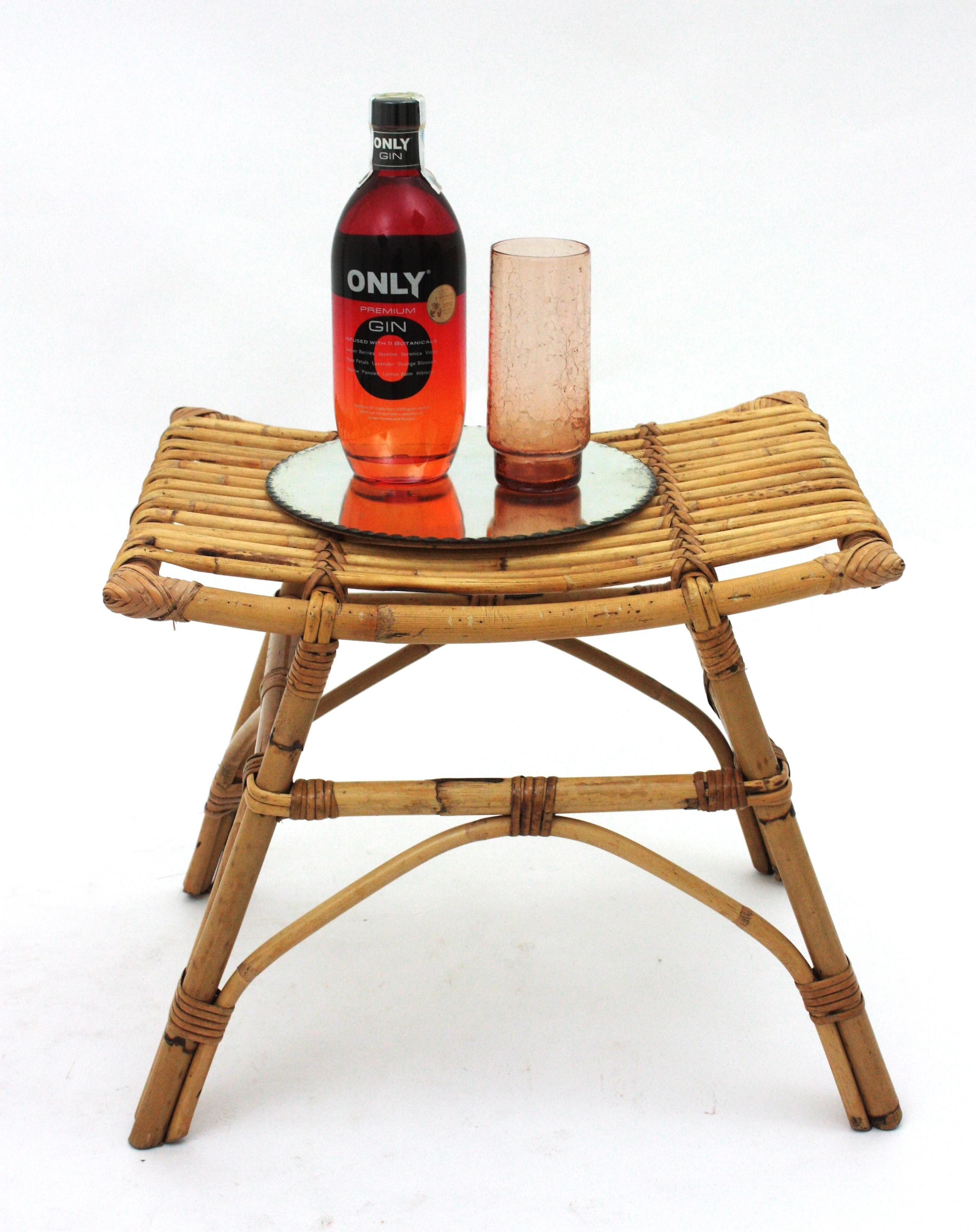 Spanish Pair of Bamboo Rattan Stools or Side Tables, 1960s For Sale