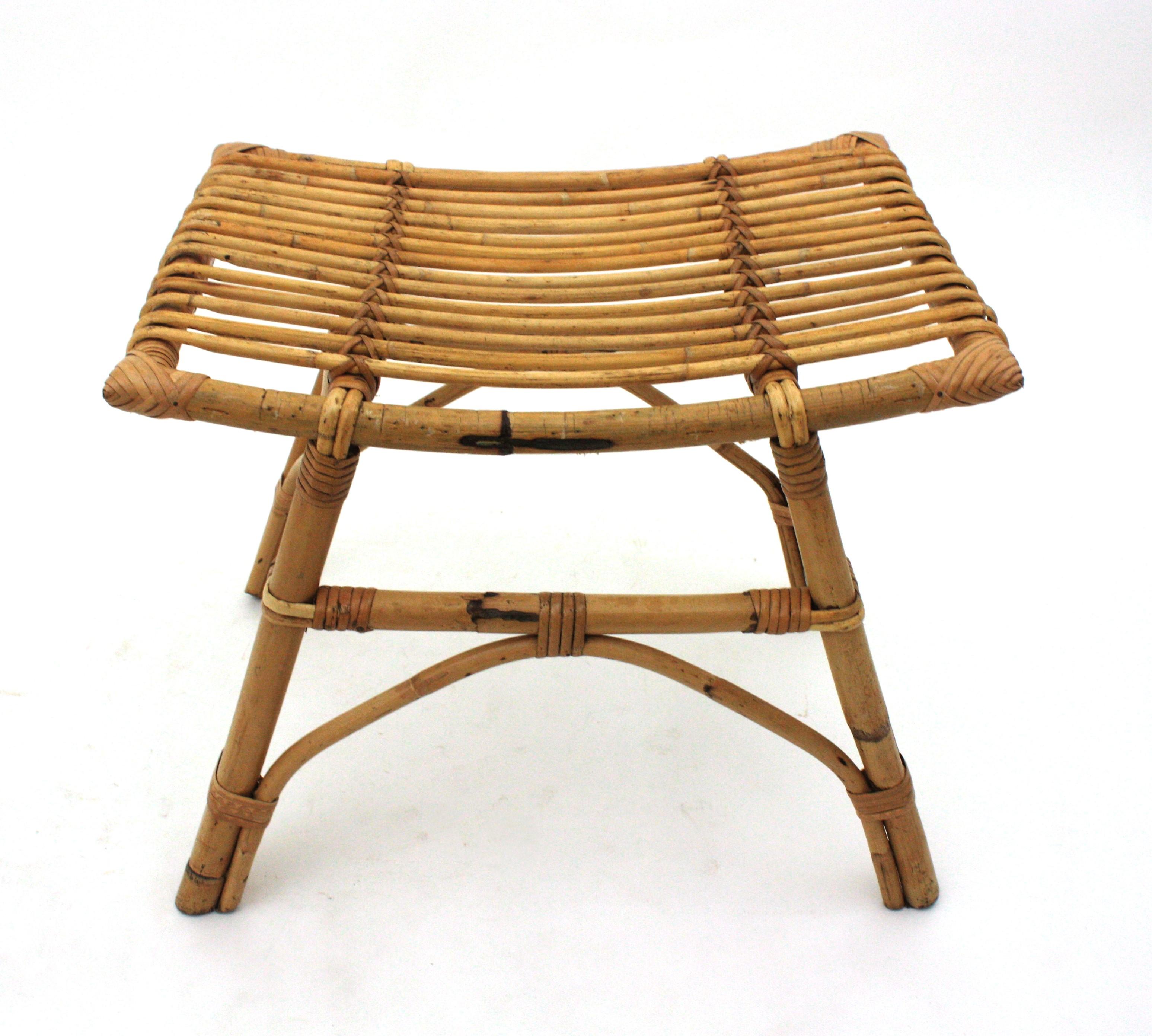 20th Century Pair of Bamboo Rattan Stools or Side Tables, 1960s For Sale