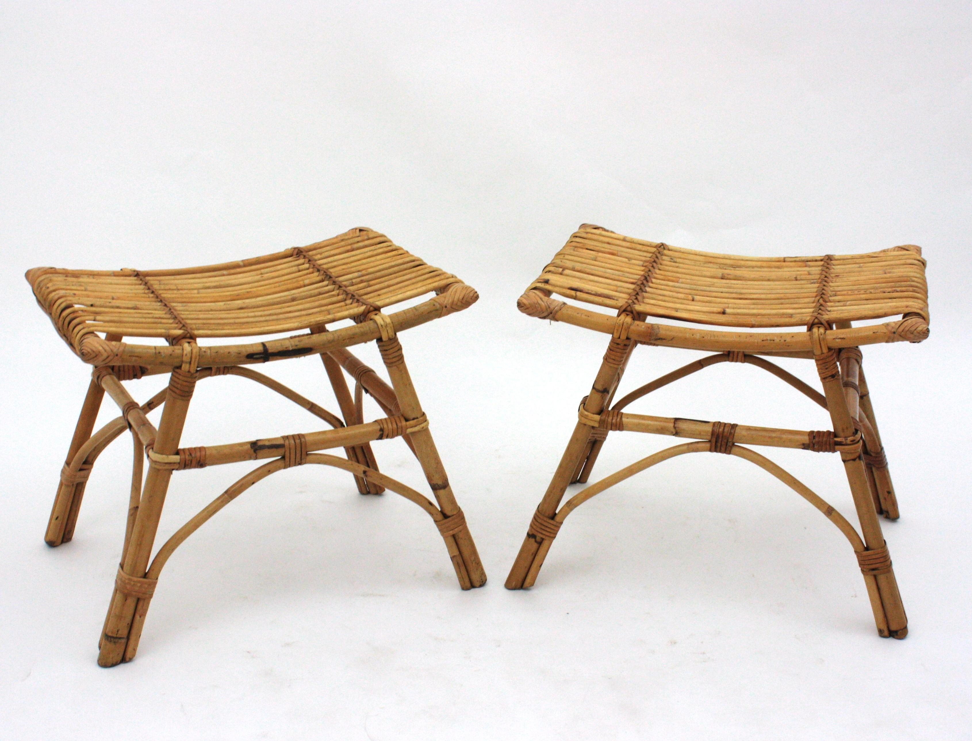 Pair of Bamboo Rattan Stools or Side Tables, 1960s For Sale 1