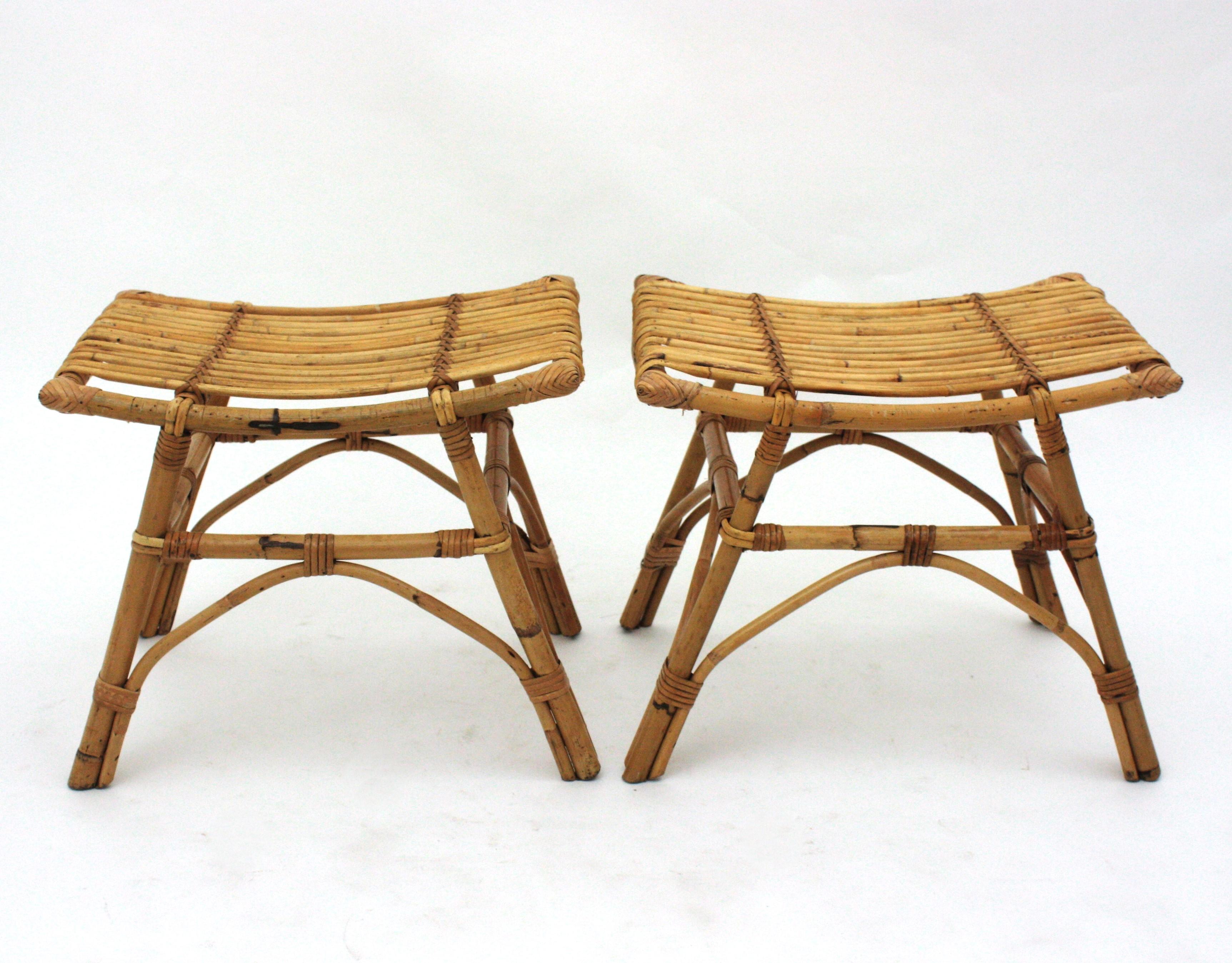 Pair of Bamboo Rattan Stools or Side Tables, 1960s For Sale 2