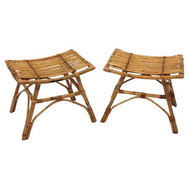 Spanish Bamboo Rattan Stools, Small Benches or Side Tables, Pair For ...