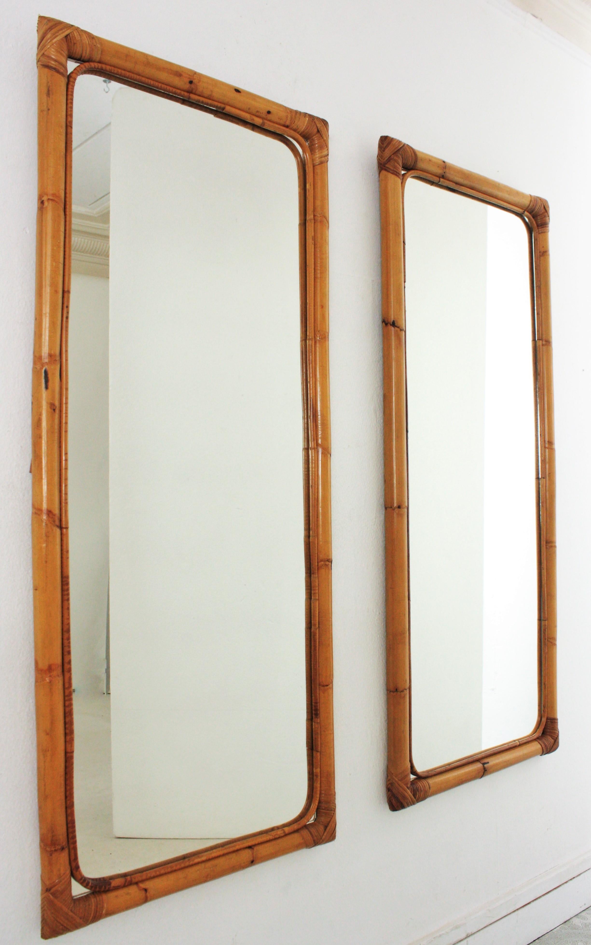 Mid-Century Modern Pair of Bamboo Rectangular Mirrors 