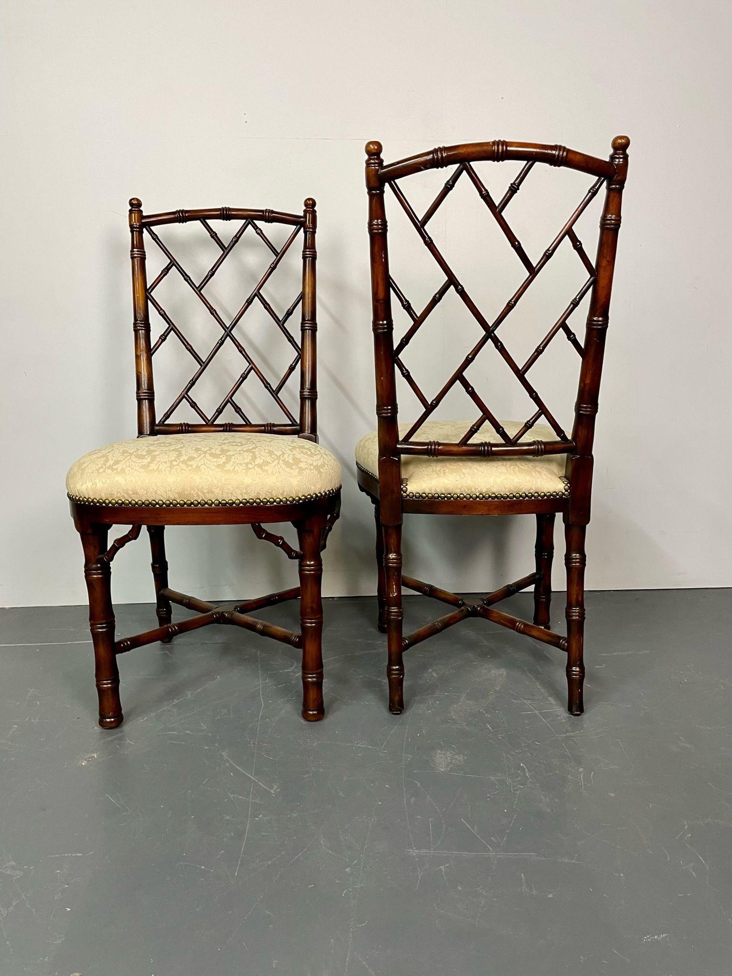 Regency Pair of Bamboo Side, Desk Chairs, Damask Upholstery, Brass Tack Detailing