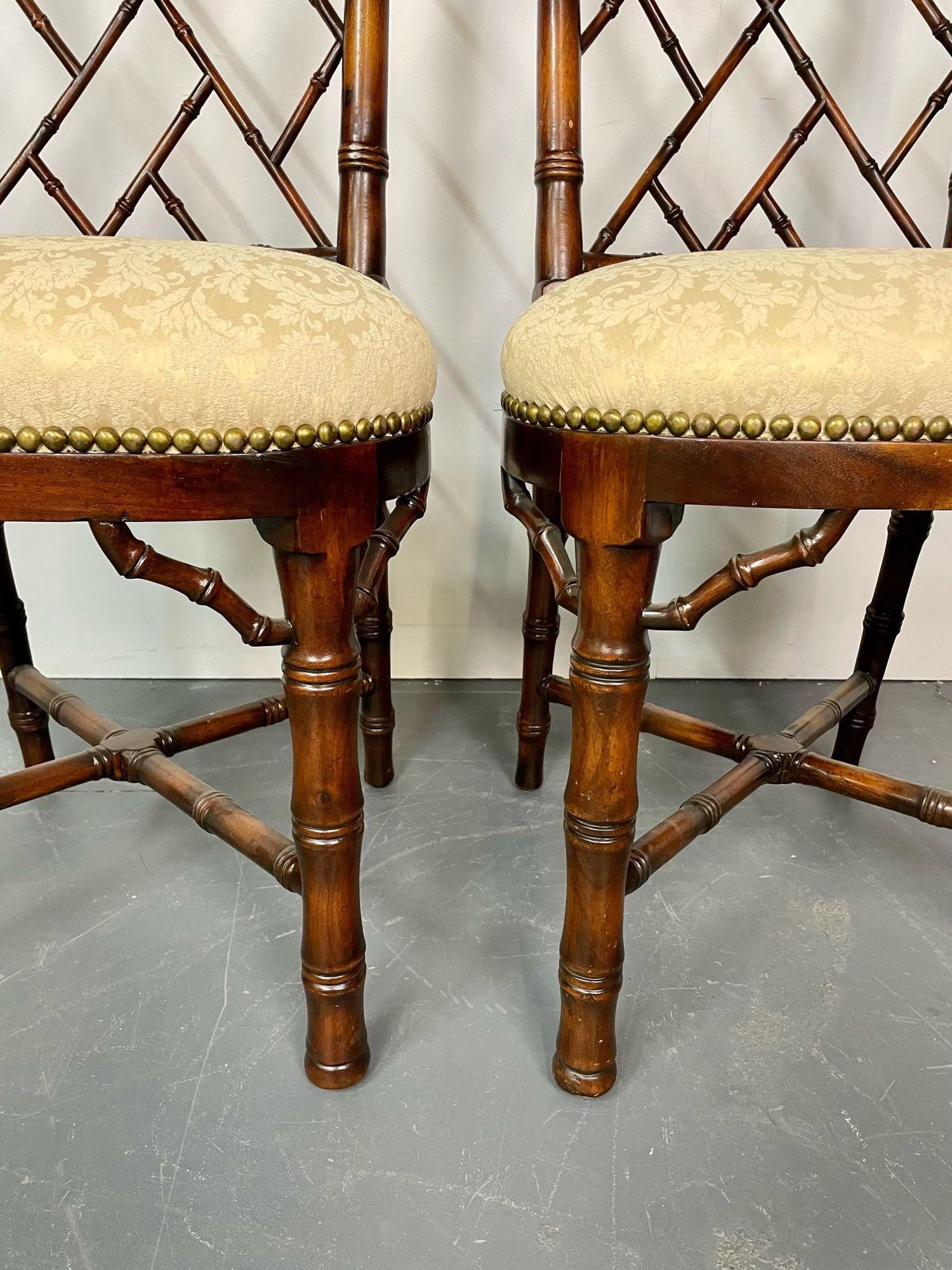 Pair of Bamboo Side, Desk Chairs, Damask Upholstery, Brass Tack Detailing In Good Condition In Manhasset, NY