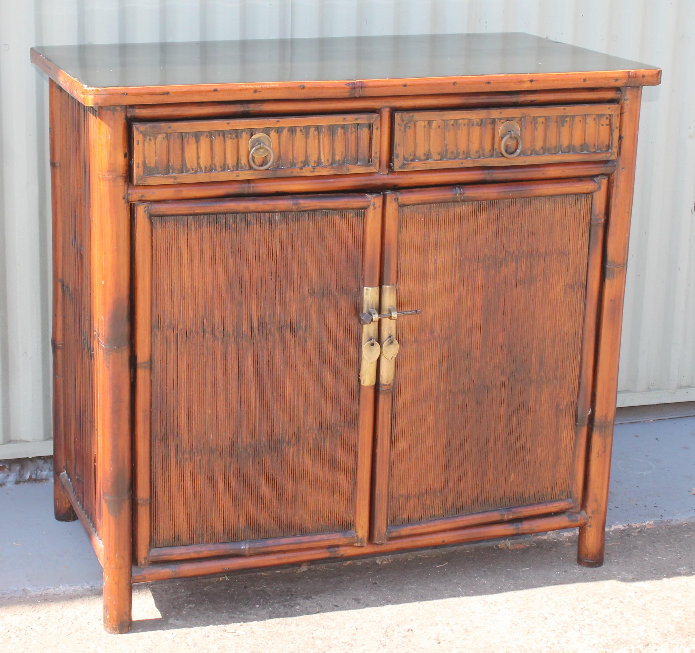 Country Pair of Bamboo Side Tables / Cabinets