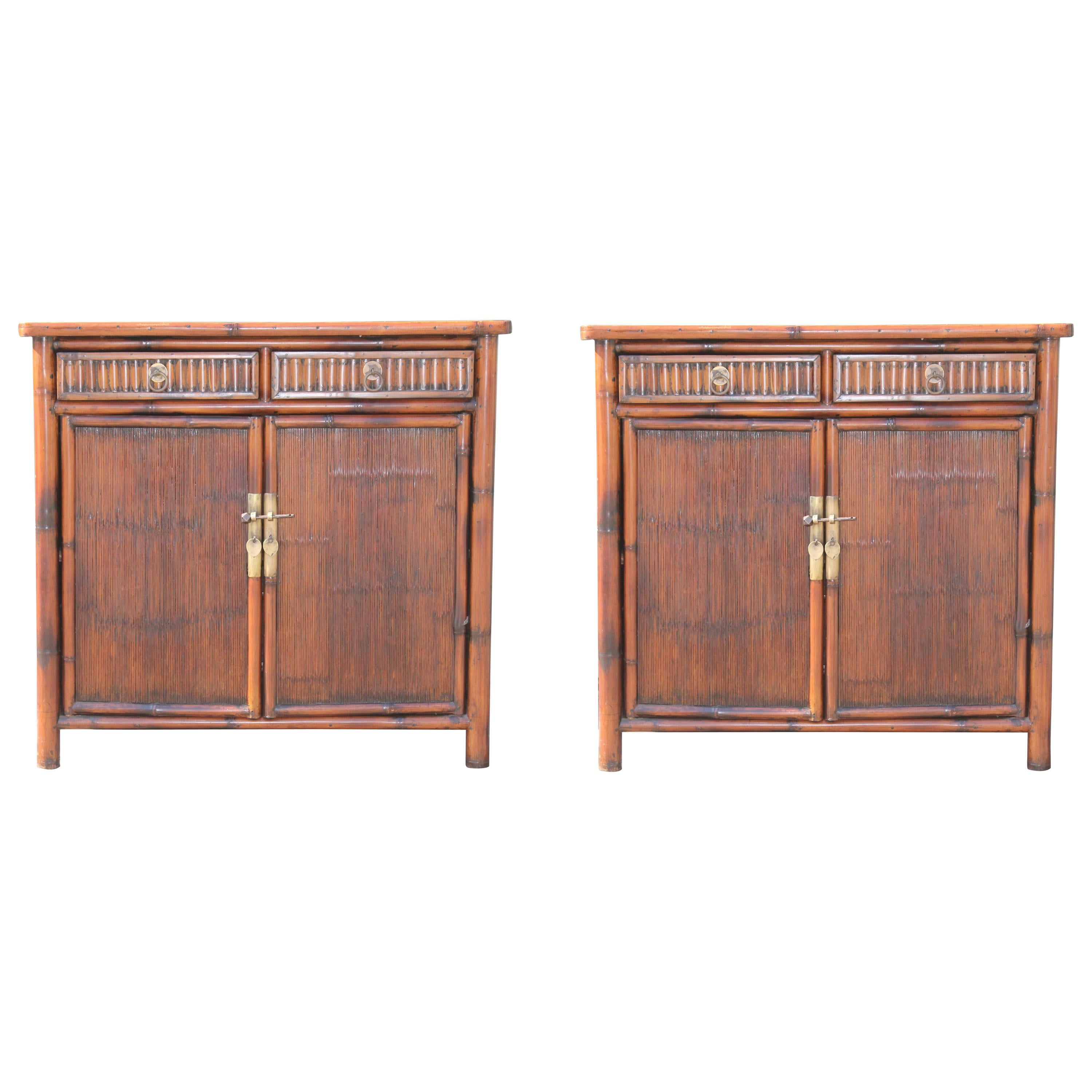 Pair of Bamboo Side Tables / Cabinets