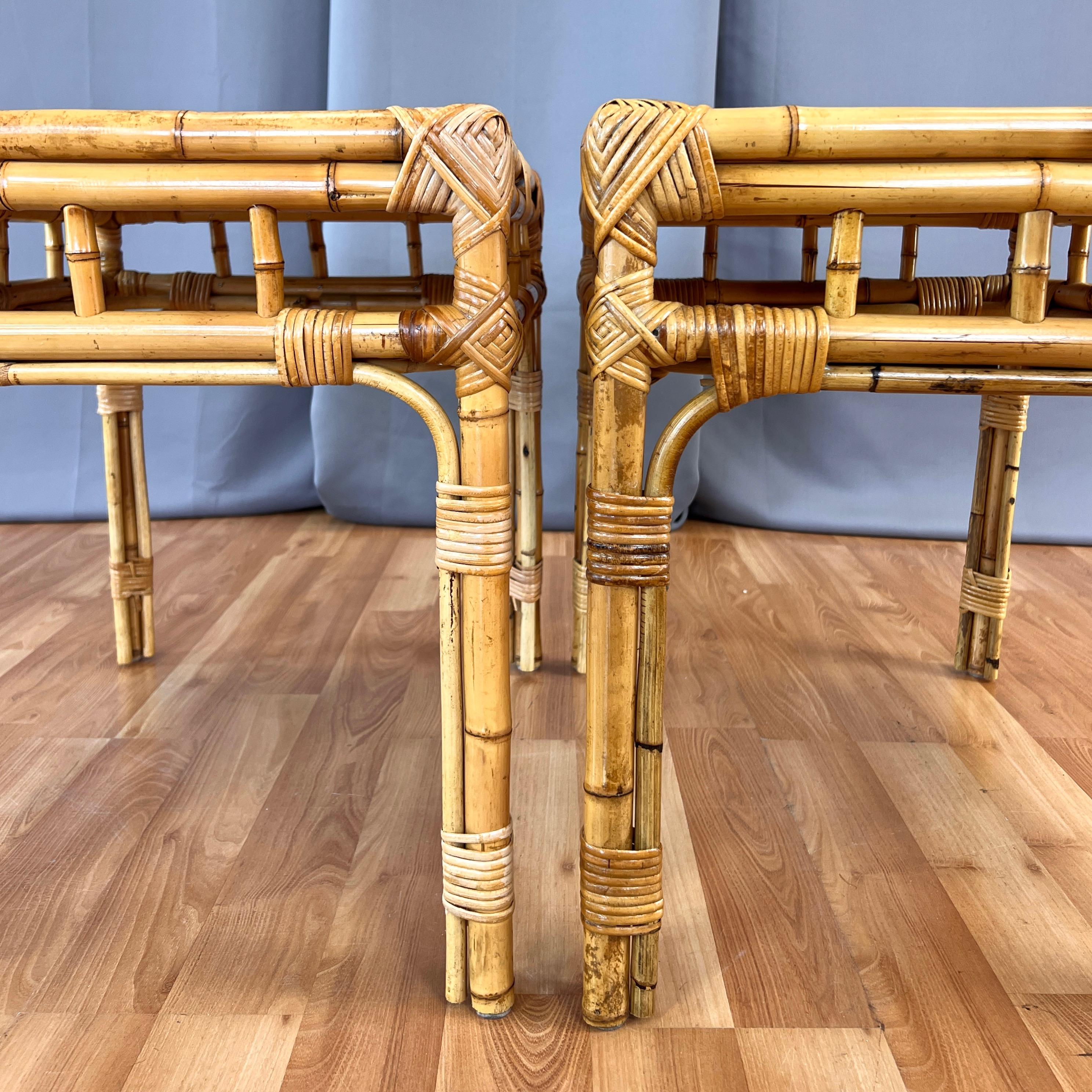 Pair of Bamboo Side Tables with Woven Cane Herringbone Pattern Tops, c. 1970 For Sale 3