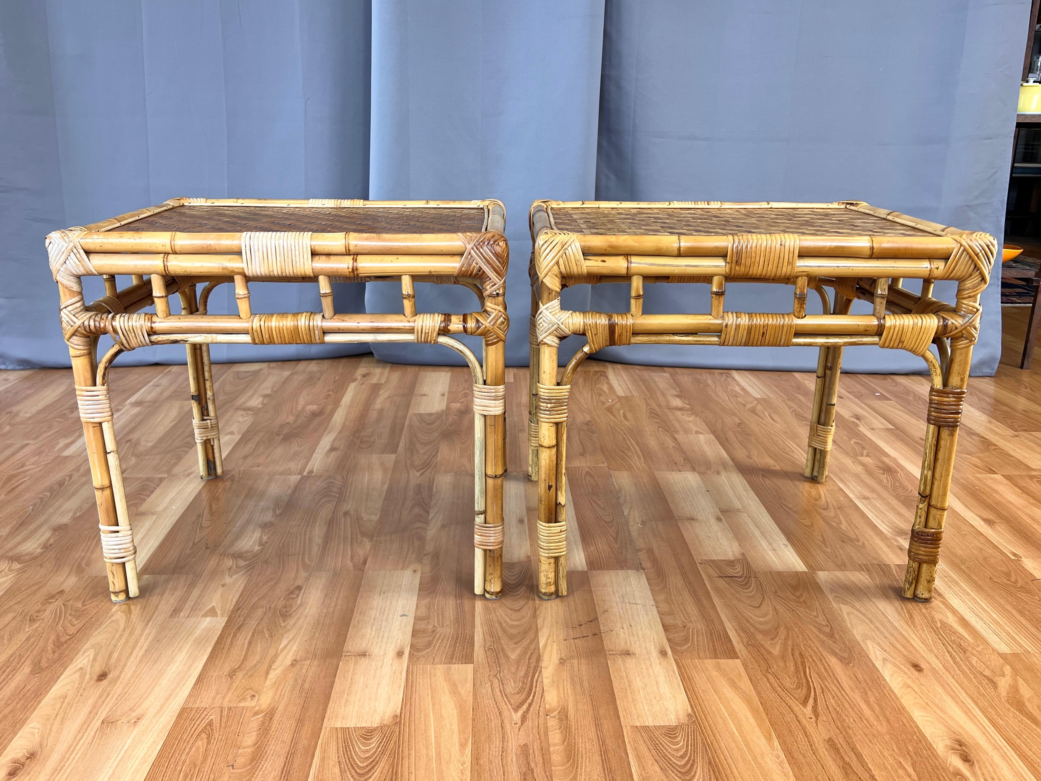 Pair of Bamboo Side Tables with Woven Cane Herringbone Pattern Tops, c. 1970 For Sale 4