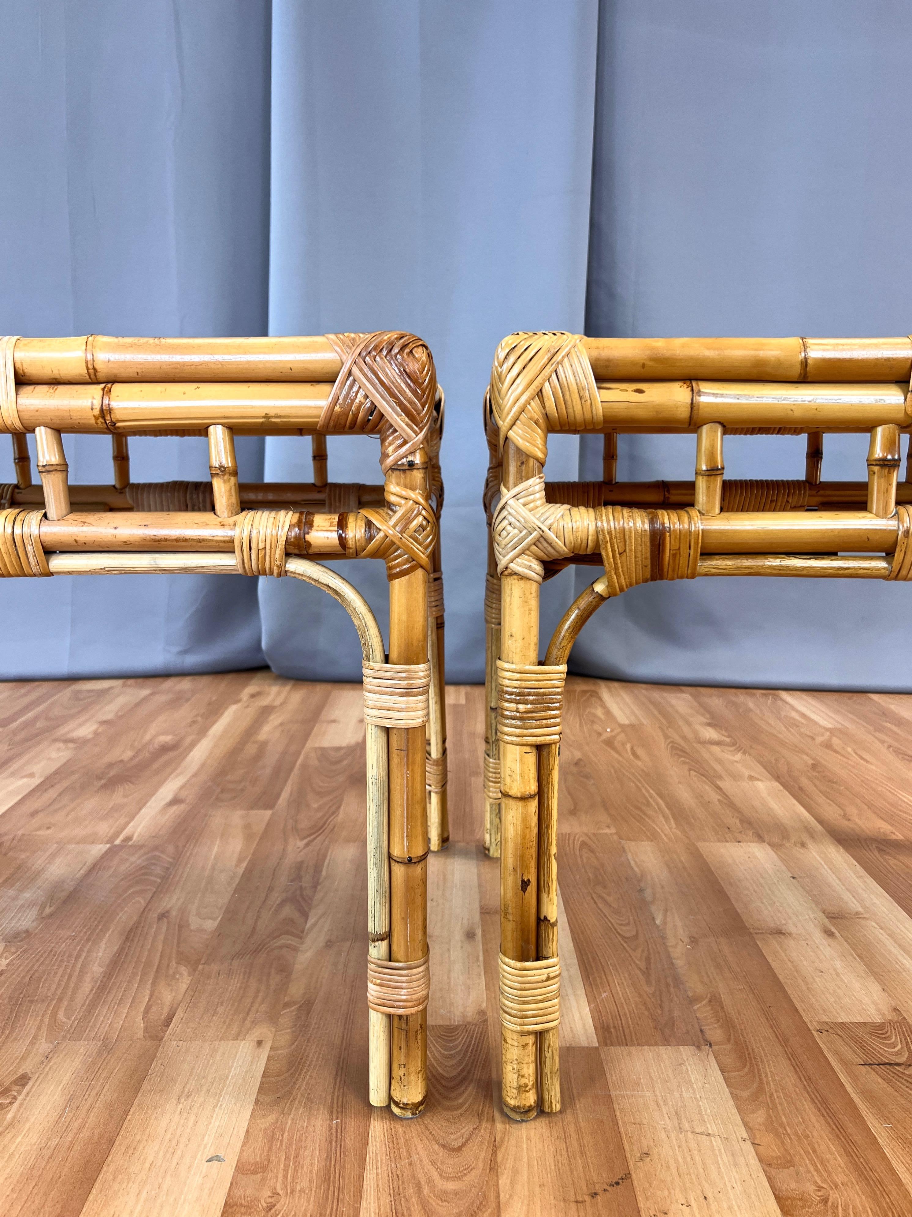 Pair of Bamboo Side Tables with Woven Cane Herringbone Pattern Tops, c. 1970 For Sale 5