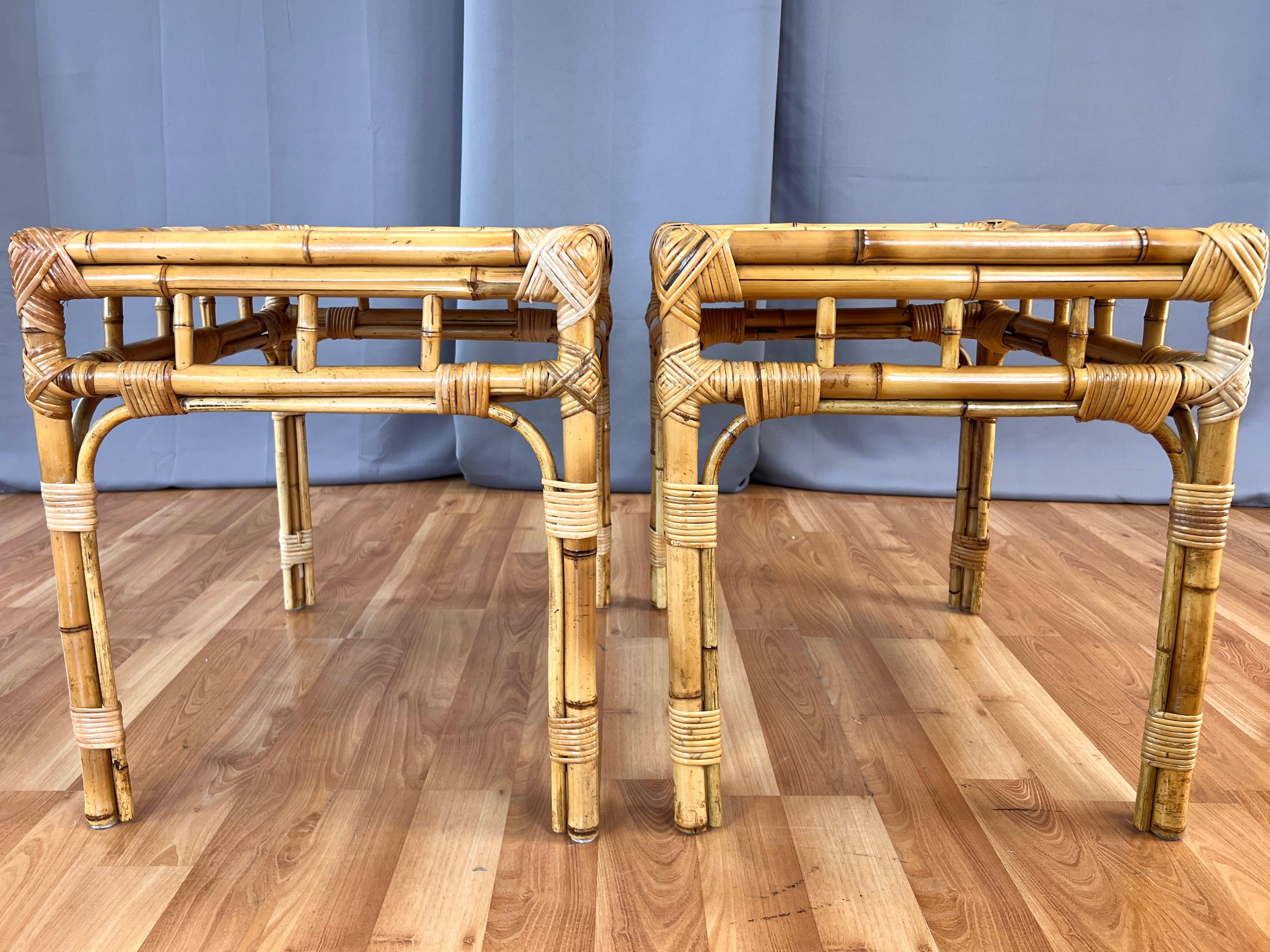 Pair of Bamboo Side Tables with Woven Cane Herringbone Pattern Tops, c. 1970 For Sale 6