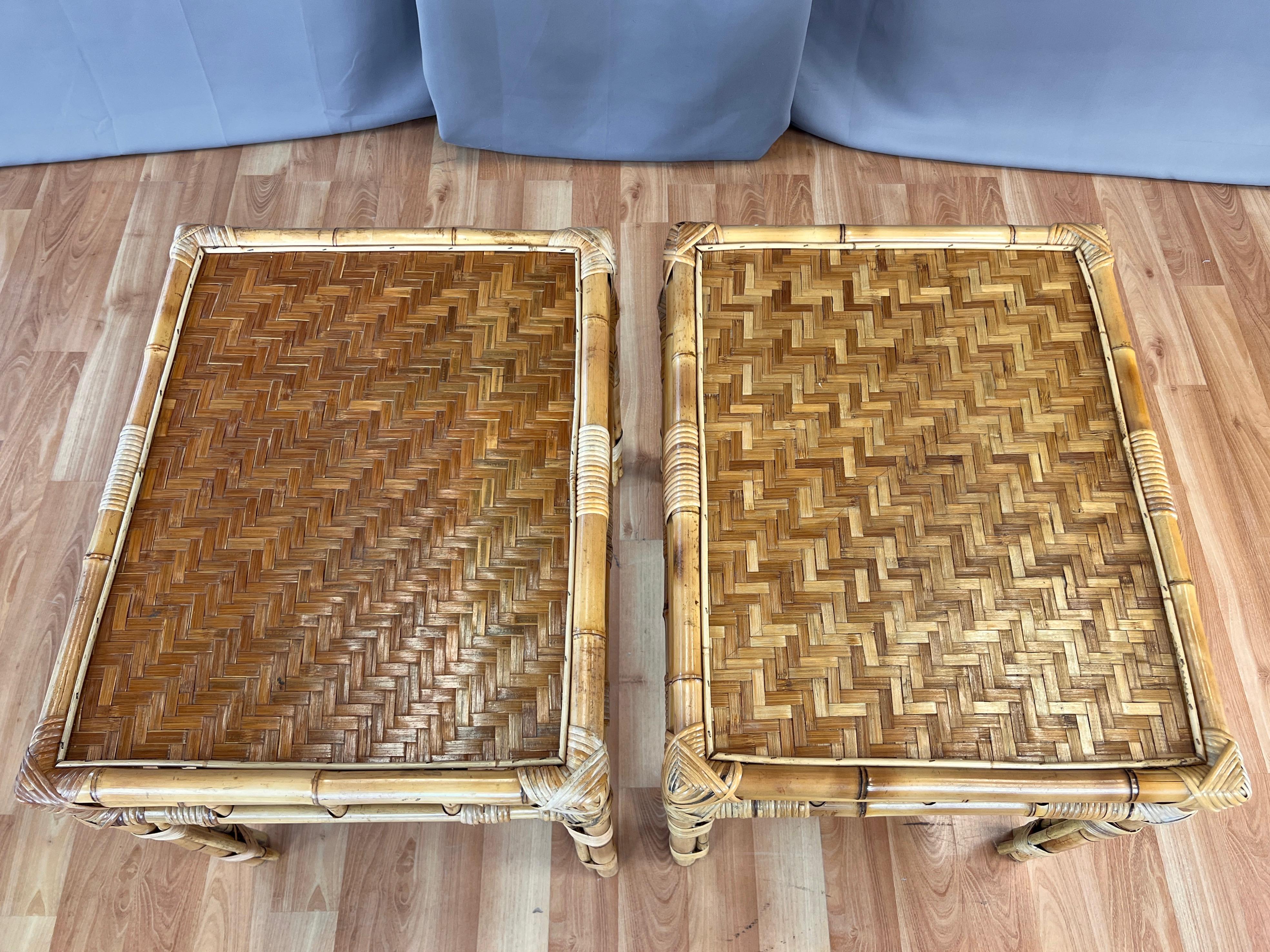 Pair of Bamboo Side Tables with Woven Cane Herringbone Pattern Tops, c. 1970 For Sale 7