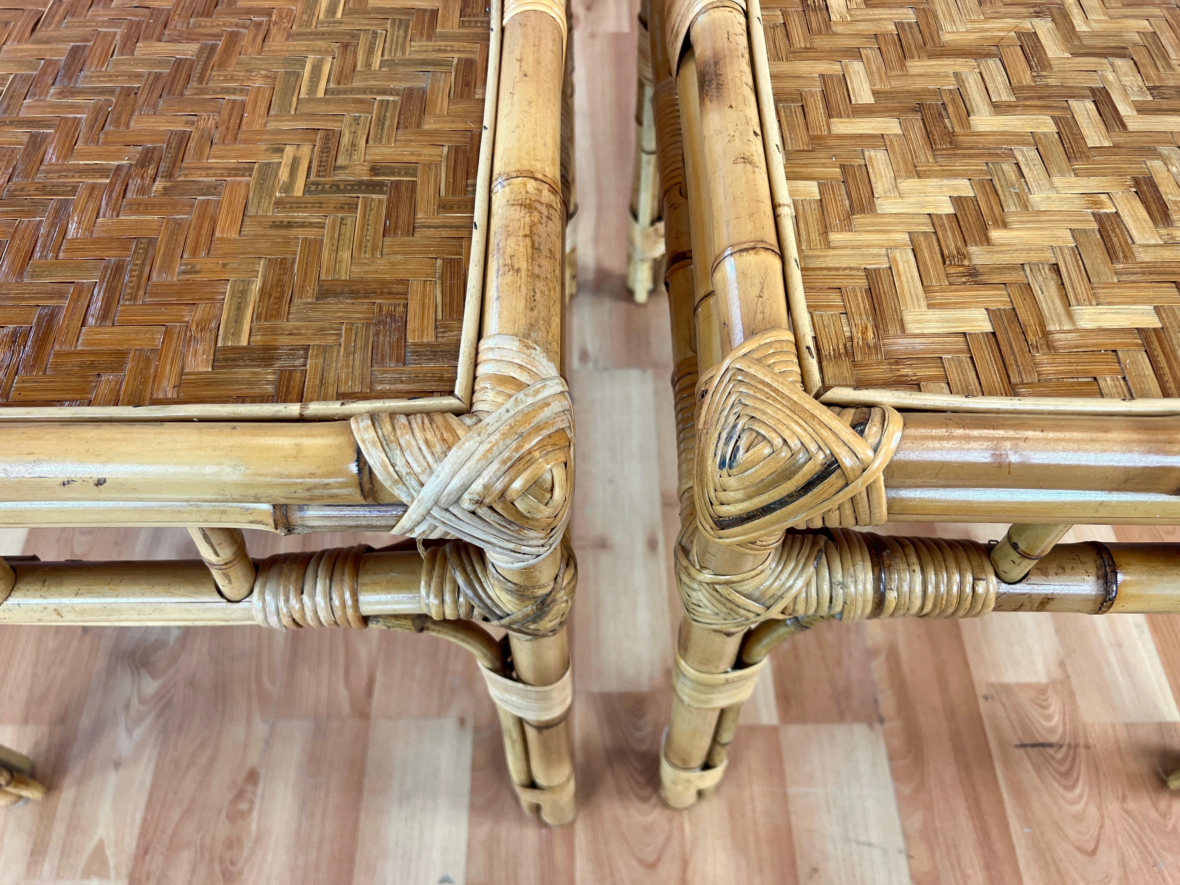 Pair of Bamboo Side Tables with Woven Cane Herringbone Pattern Tops, c. 1970 For Sale 8