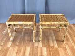 Pair of Bamboo Side Tables with Woven Cane Herringbone Pattern Tops, c. 1970