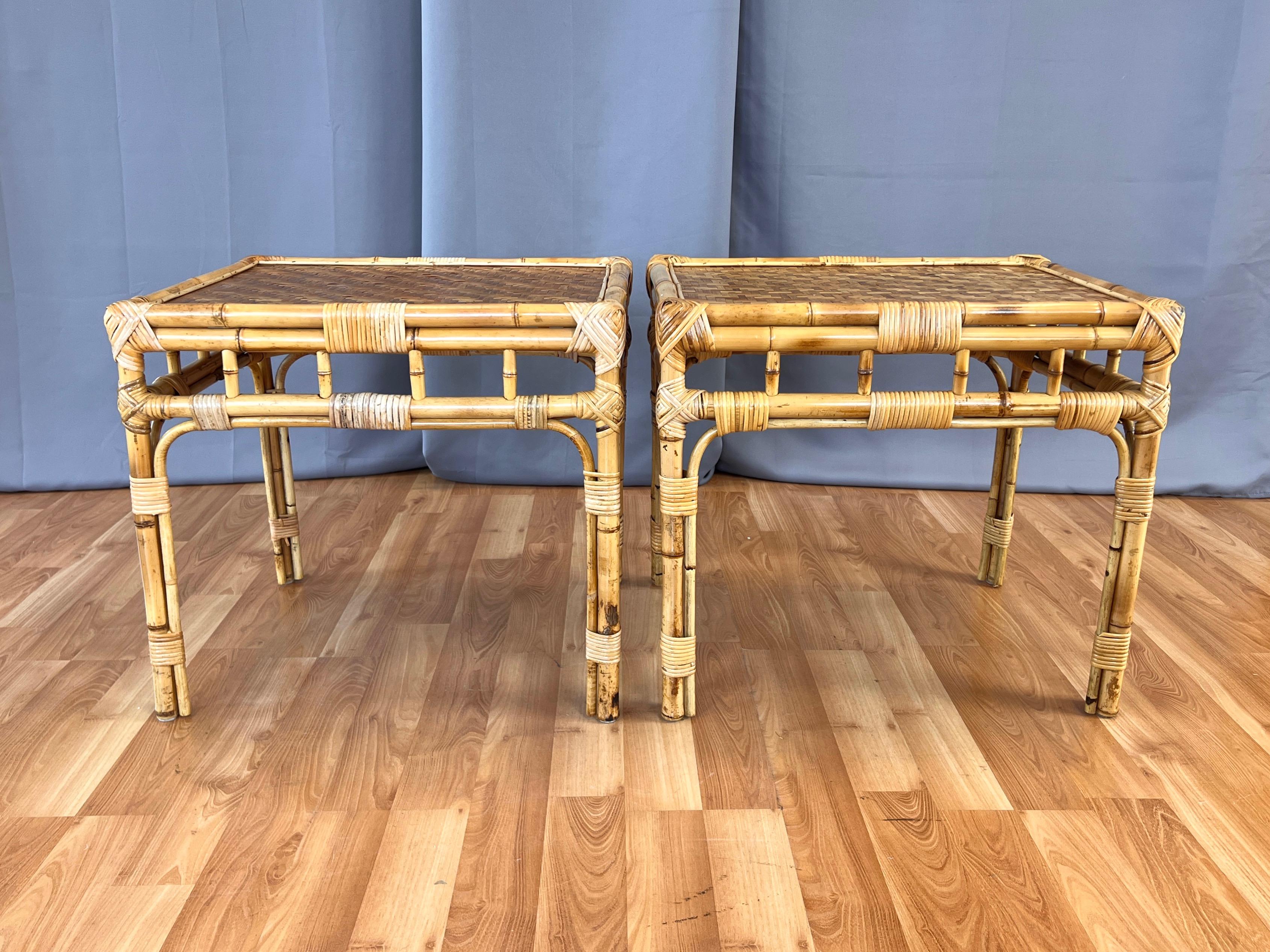 Bohemian Pair of Bamboo Side Tables with Woven Cane Herringbone Pattern Tops, c. 1970 For Sale