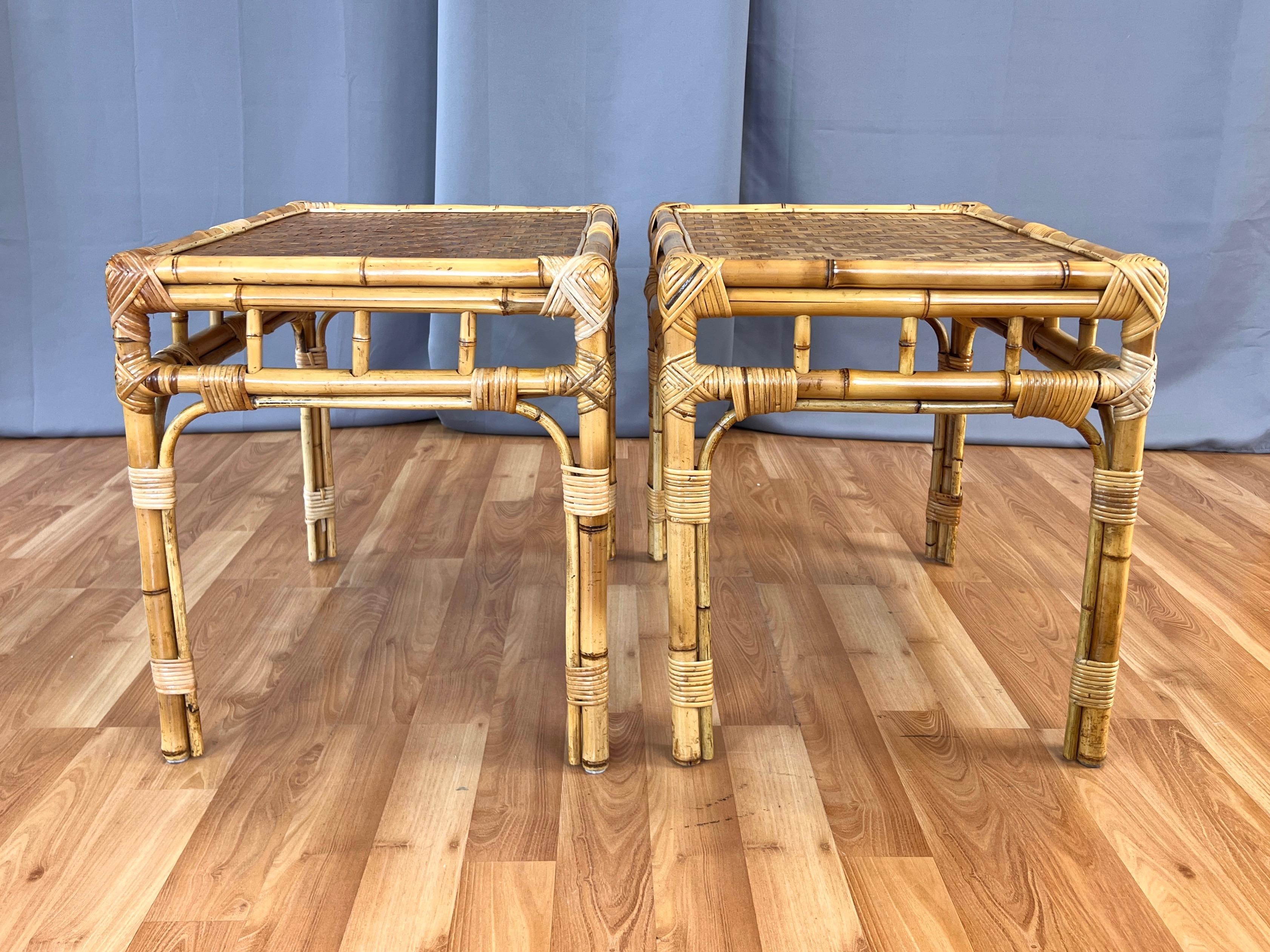 Asian Pair of Bamboo Side Tables with Woven Cane Herringbone Pattern Tops, c. 1970 For Sale