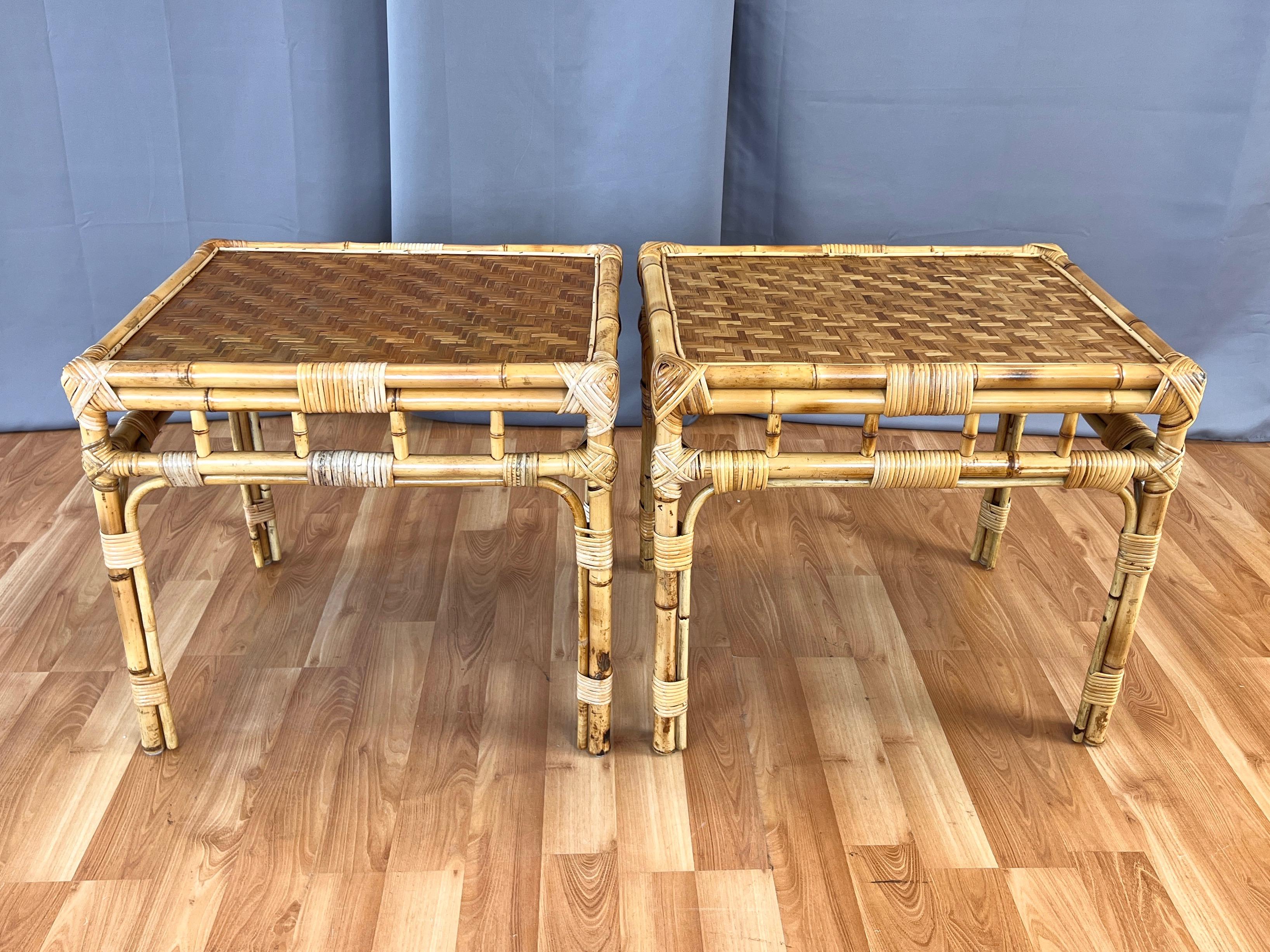Hand-Crafted Pair of Bamboo Side Tables with Woven Cane Herringbone Pattern Tops, c. 1970 For Sale